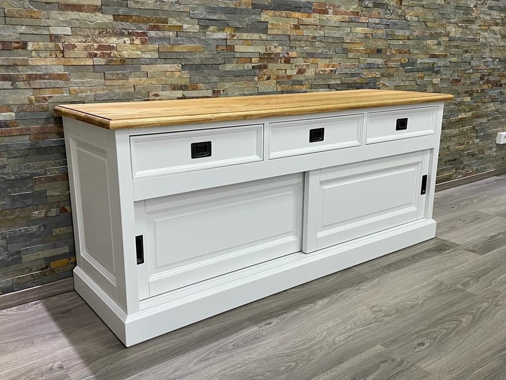 Wohnpalast TV-Board TV Schrank Neuss 165 cm weiß/eiche - Lowboard mit Schiebetüren