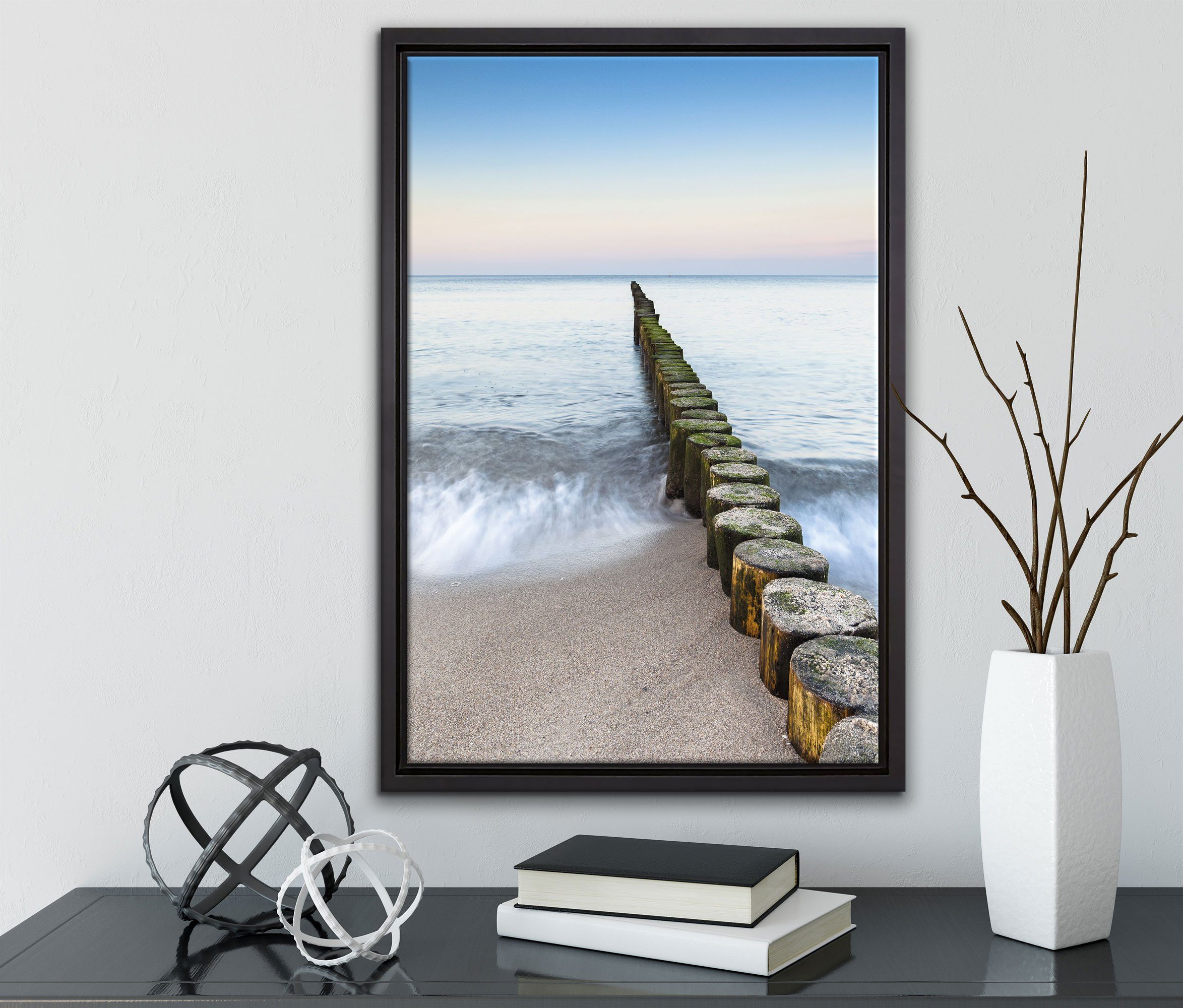 Wanddekoration Leinwandbild bespannt, im St), Meer, in einem inkl. Schattenfugen-Bilderrahmen Zackenaufhänger (1 gefasst, fertig Leinwandbild Pixxprint Wellenbrecher