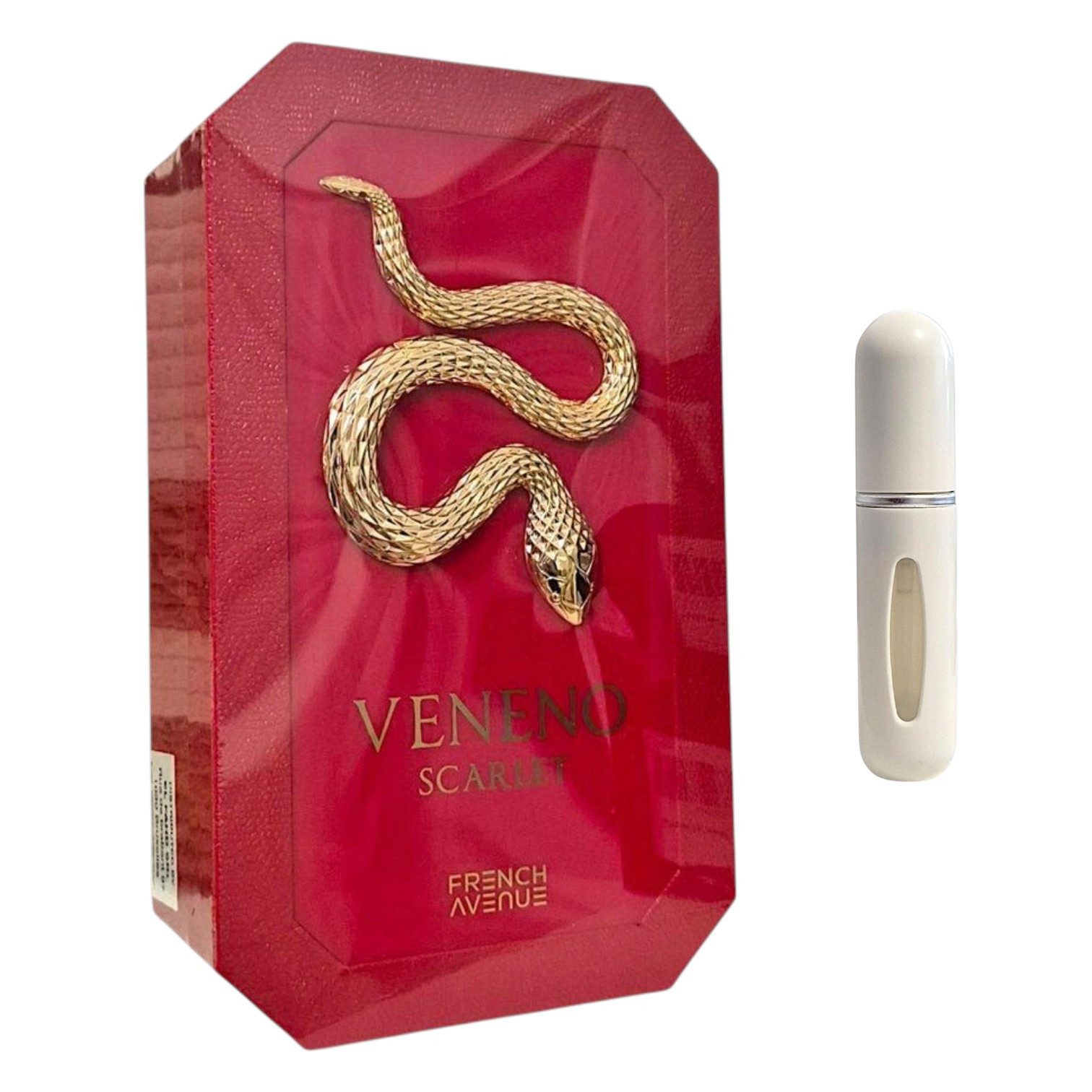 Fragrance World Duft-Set Veneno Blanco, Scarlet EDP 100ml + Parfümzerstäuber leer1 Stk, 1-tlg.