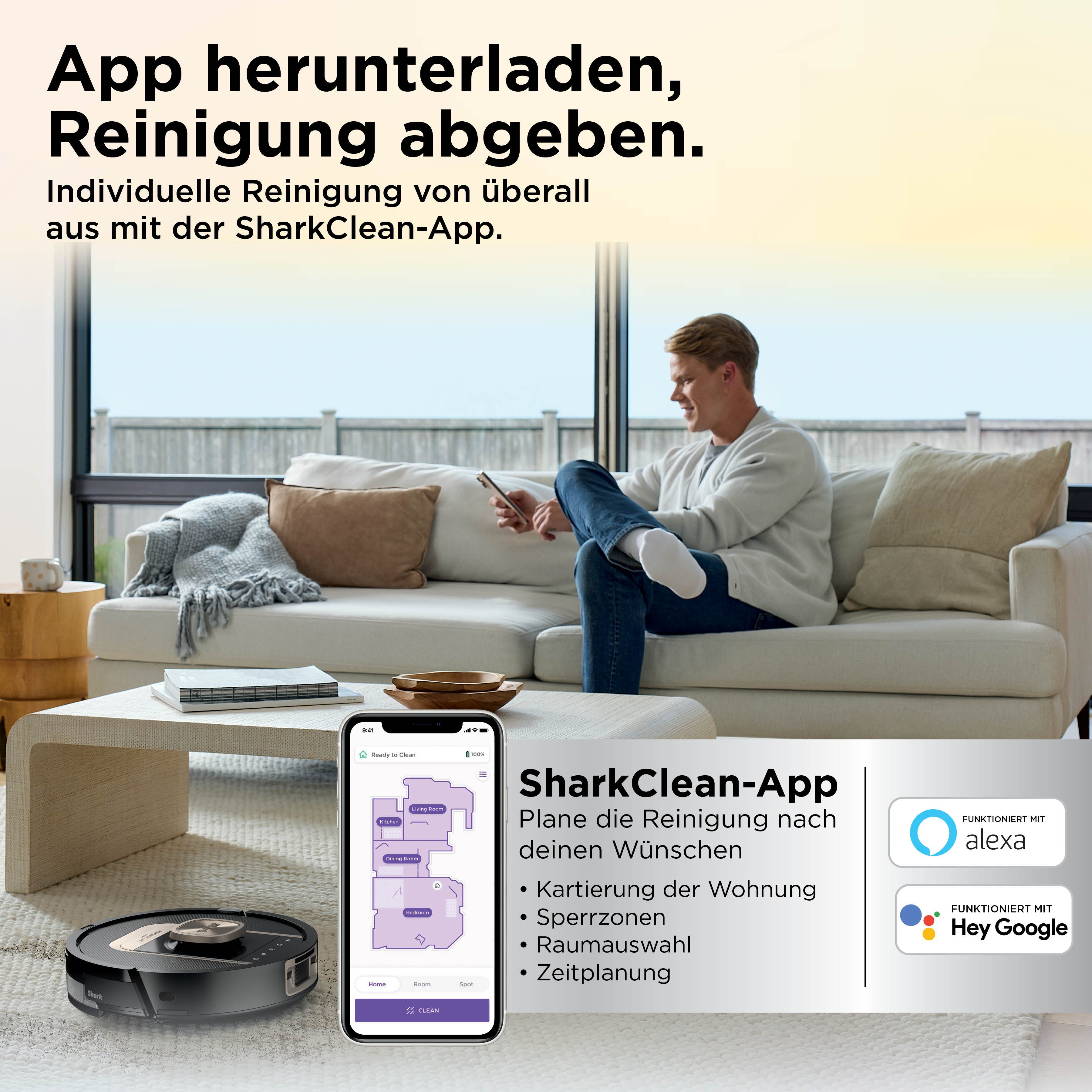 Shark Saugroboter Shark ThermaCharged PowerDetect Saugroboter RV2900XEEU, 650 W, beutellos, beheizte Basisstation verwendet 85°C heißes Wasser und 80°C warme Luft