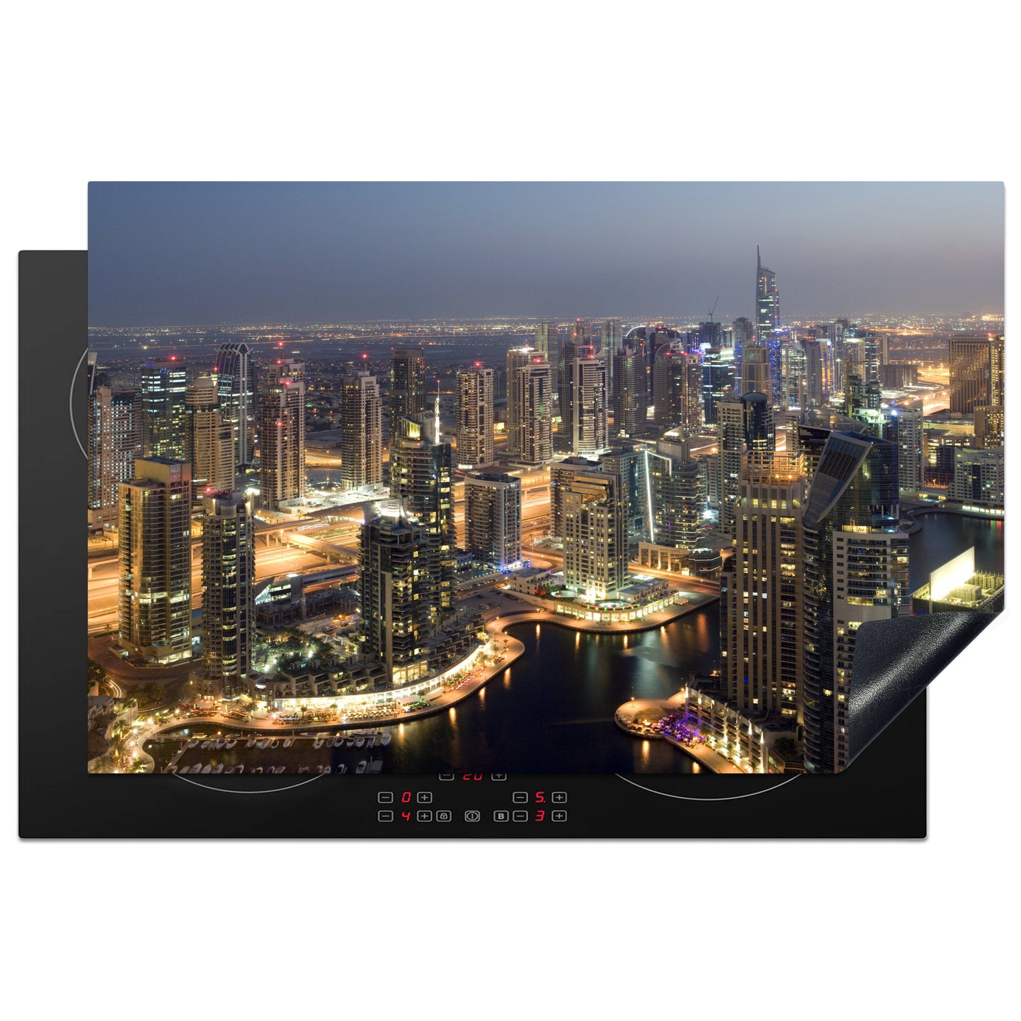 MuchoWow Herdblende-/Abdeckplatte Dubai Marina bei Nacht, Vinyl, (1 tlg), 81x52 cm, Induktionskochfeld Schutz für die küche, Ceranfeldabdeckung
