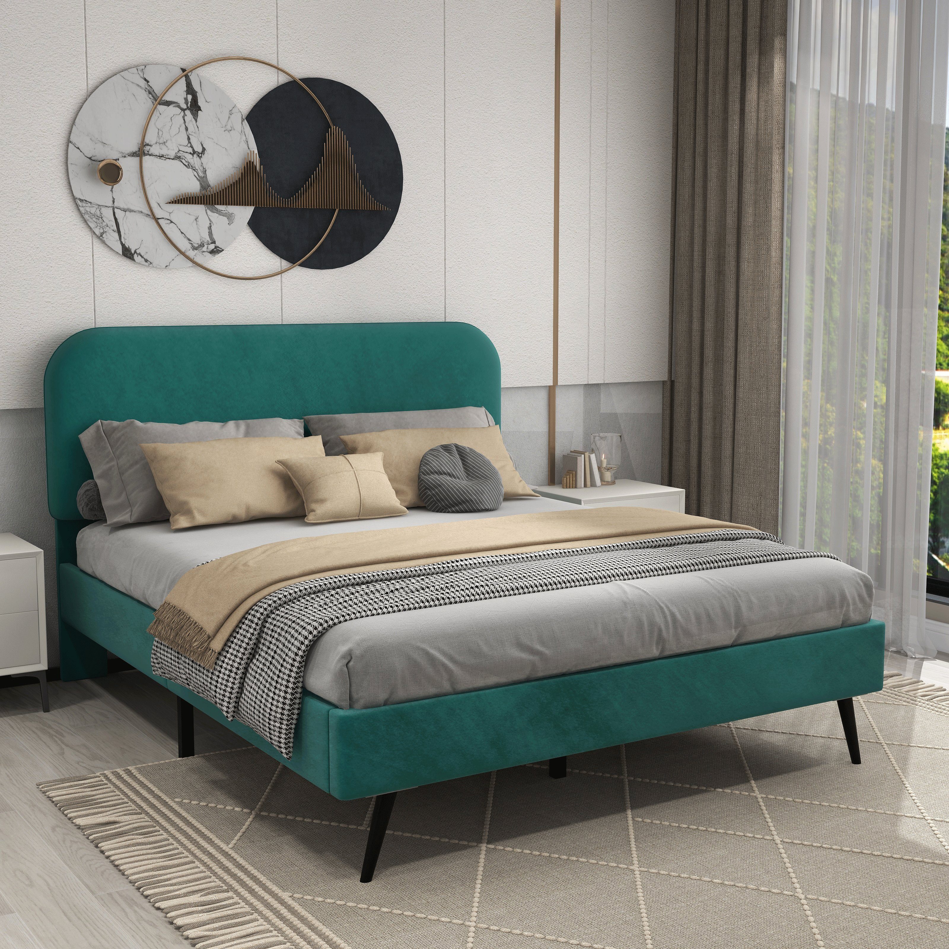 Odikalo Schlafzimmer-Set Möbelensemble, Doppelbett+Nachttische+Betthocker, Samt, grün 140x200cm