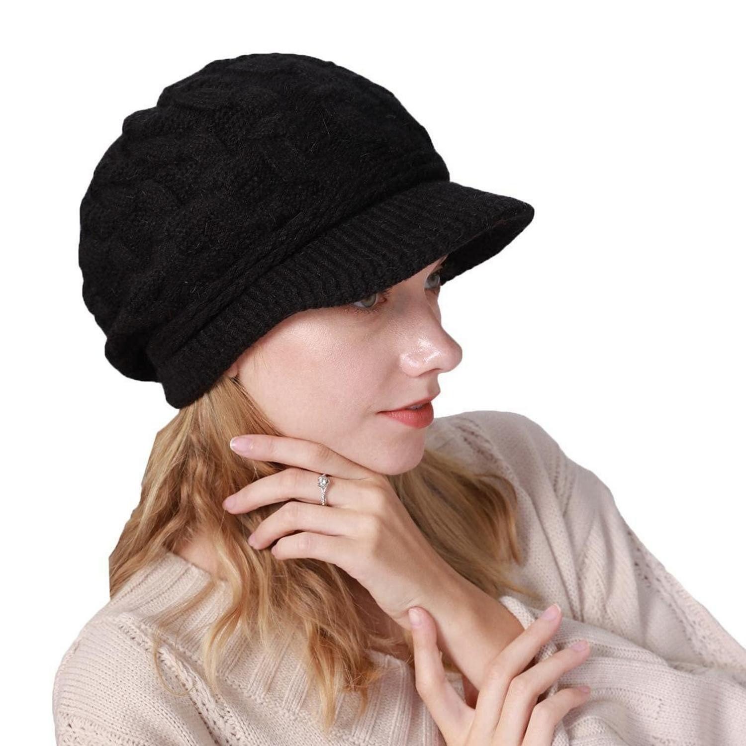 LuxusKollektion Ballonmütze Damen Beanie Mütze mit Visier Zopfstrick Schwarz (1-St)
