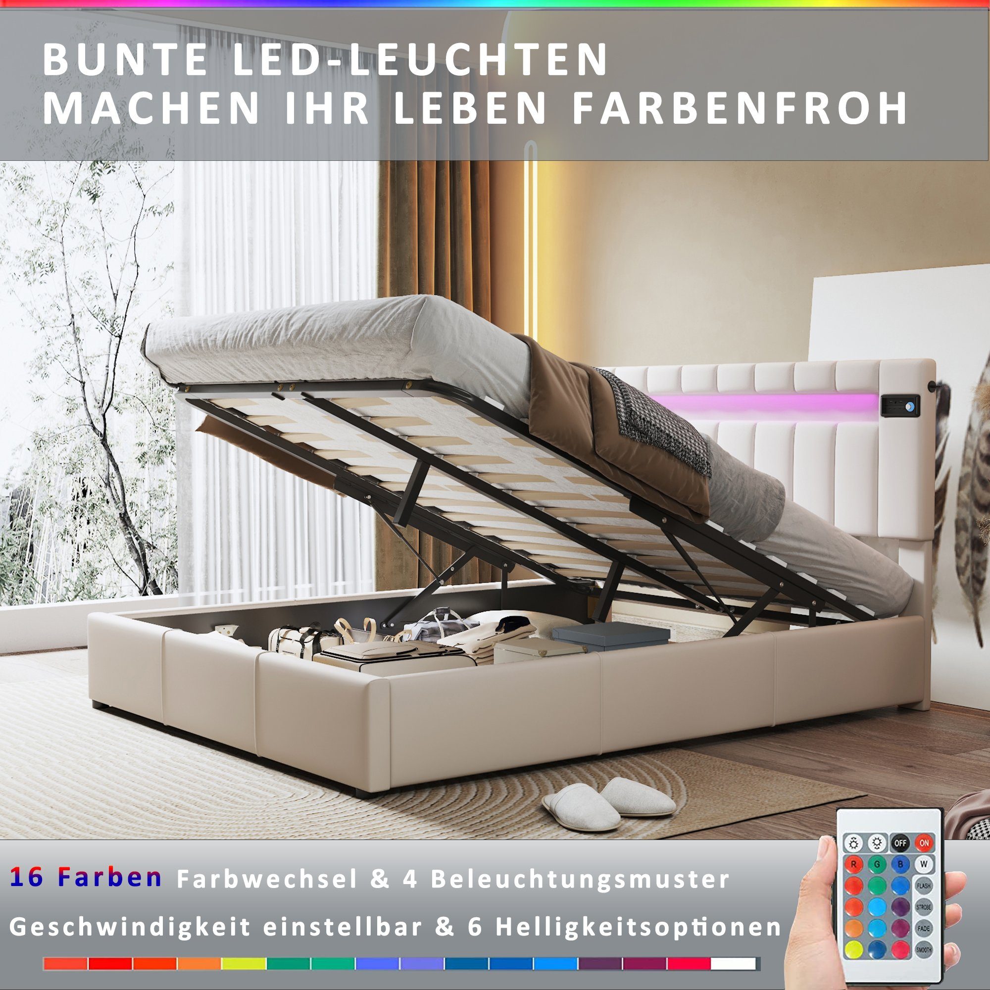 Polsterbett (140x200 cm Doppelbett, mit LED Beleuchtung, Bluetooth-Player und USB-Aufladung), hydraulisches Bett Funktionsbett inkl. Bettkasten und Lattenrost, Samt