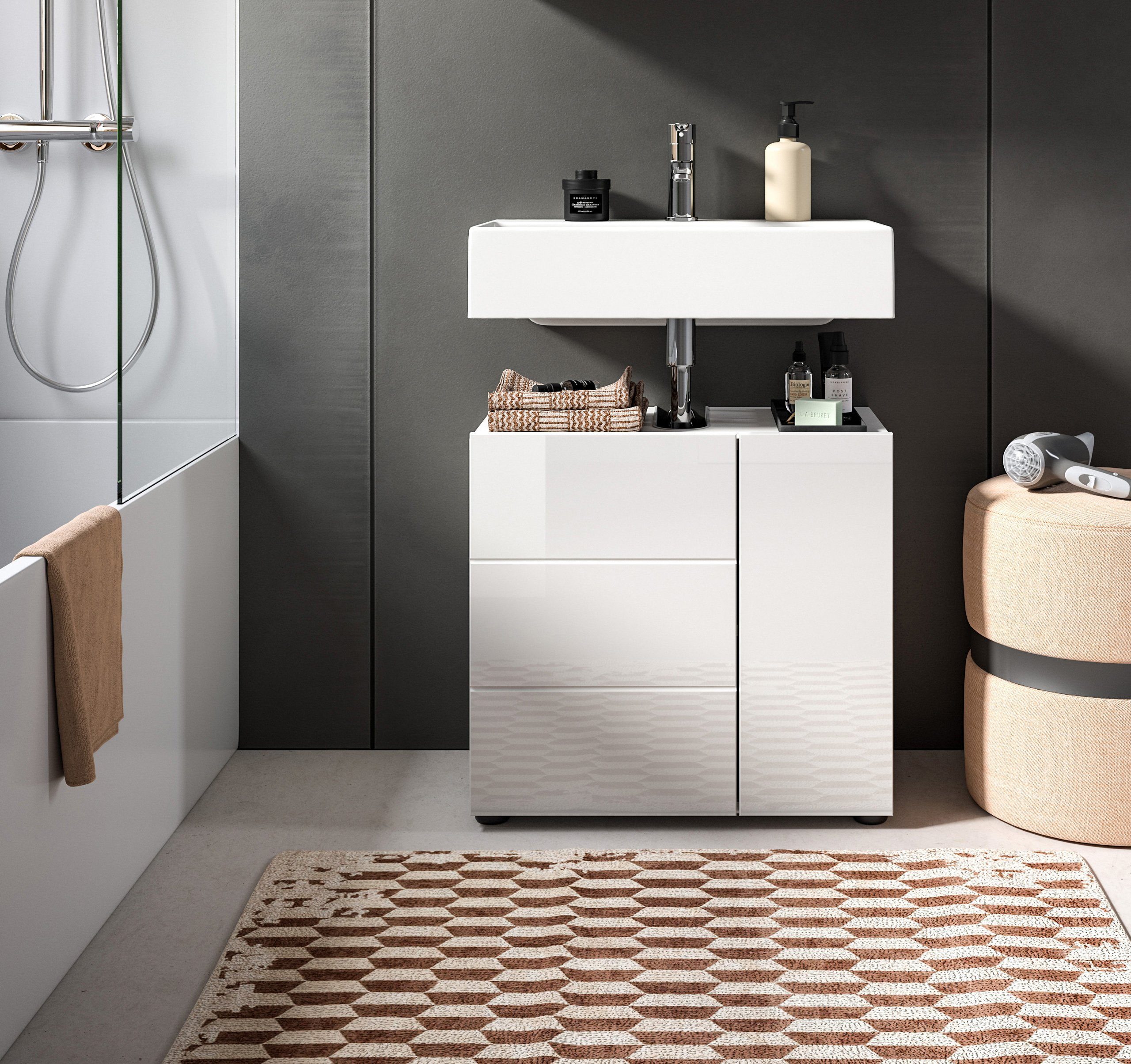 Newroom Waschbeckenunterschrank Valea Waschbeckenunterschrank Weiß Hochglanz Waschtischunterschrank Badu...