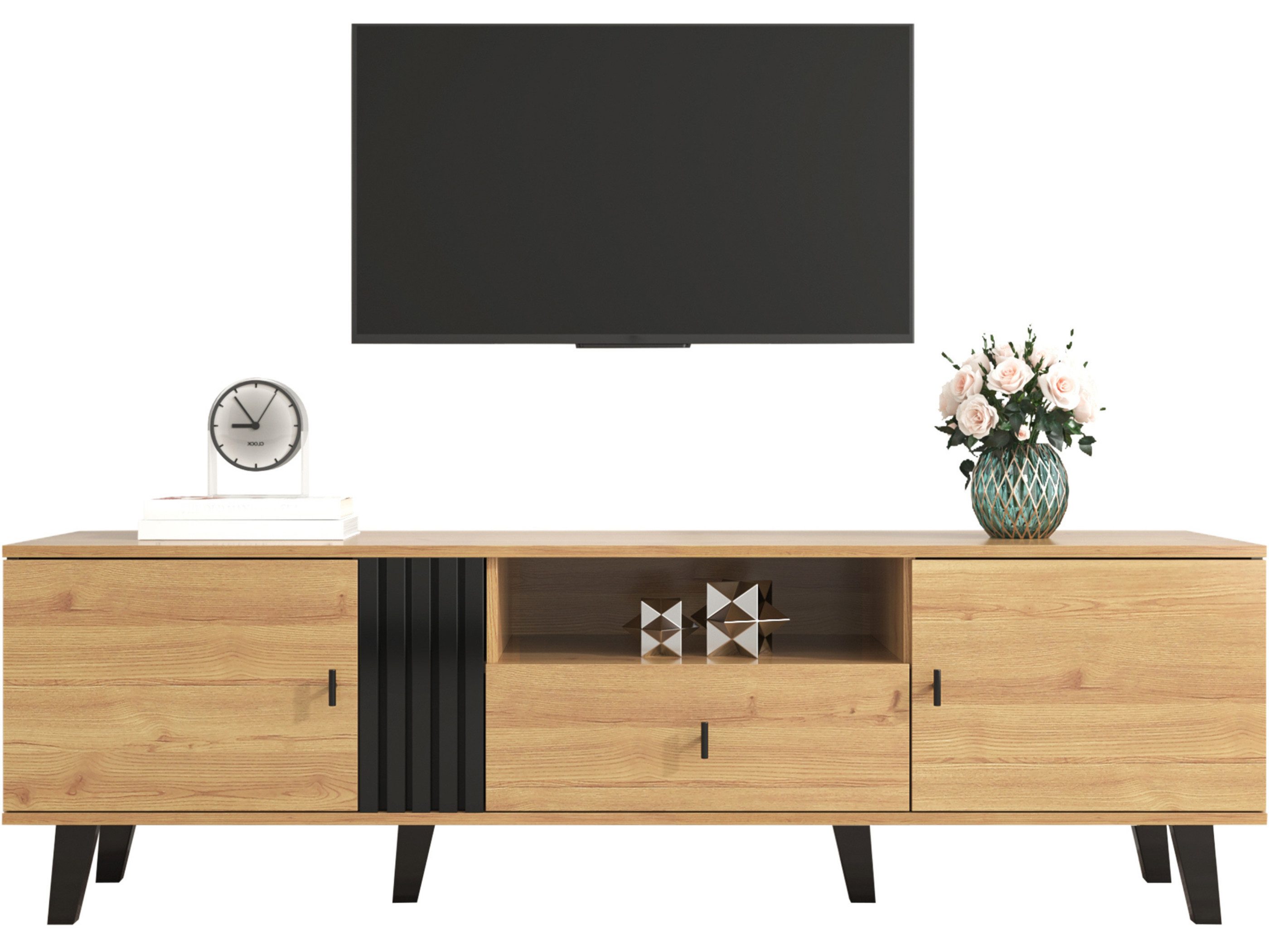 SeedWave Lowboard Zeitloser Holz-Optik TV Schrank TV Bank mit 2 Türen,1 Schubladen, Inkl. Offenes Fach×1, 4 geschlossene Fächer, Bodenfreiheit von 15,5cm