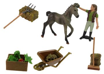 LEAN Toys Spielfigur Farm-Figurenset Pferde Bauernhof Set Pferdegehege Tiere Schubkarre Hof