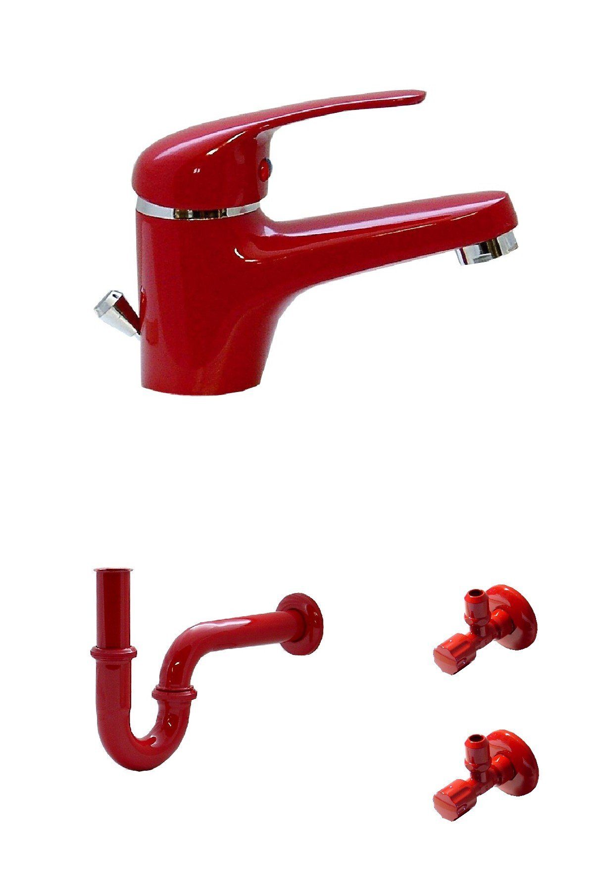 WAGNER® Waschtischarmatur Waschtisch Bad Wasserhahn Armatur Siphon 2 Eckventile Rot