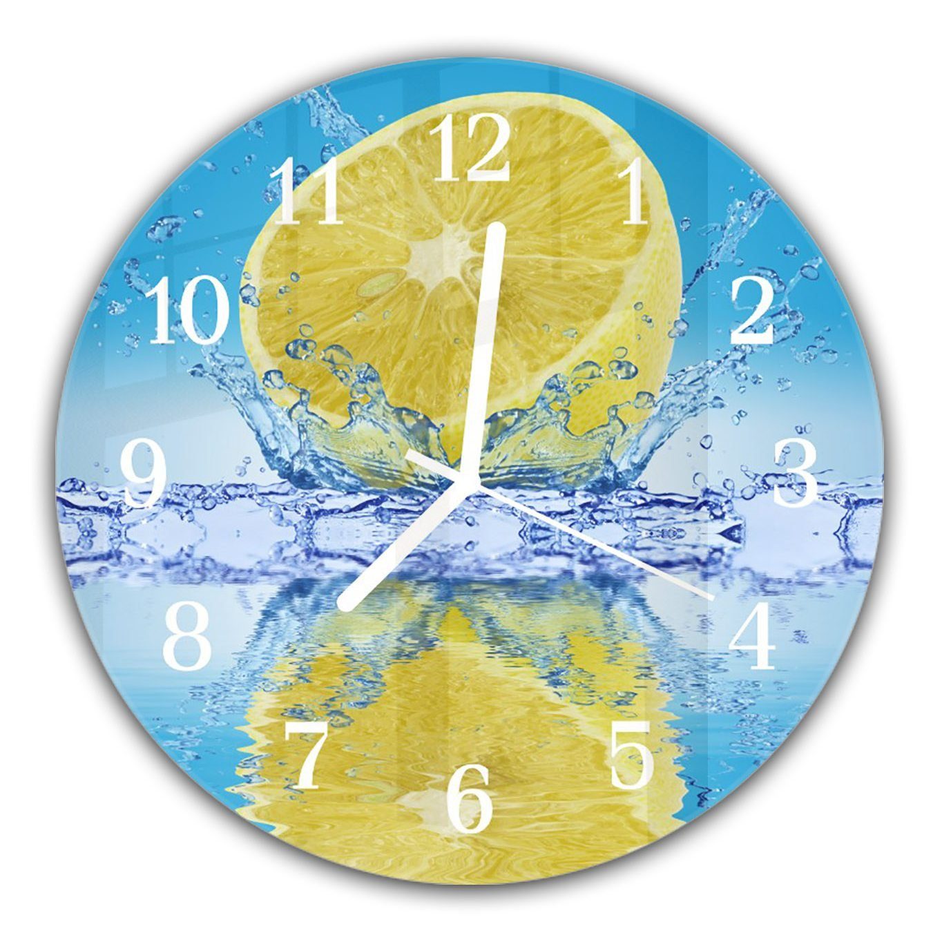 Primedeco Wanduhr Wanduhr aus Glas mit Motiv Zitrone auf Splash - Rund mit Durchmesser 30 cm und Quarzuhrwerk