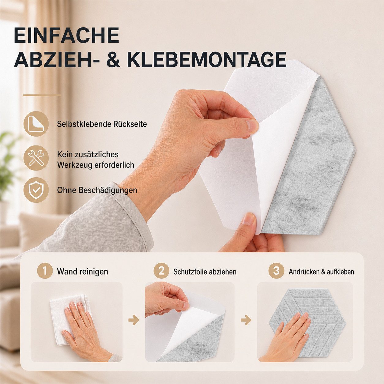 BlingBin Schallschutzpaneel sechseckige Schallschutz Wandpaneele, Akustikpaneele selbstklebend, BxL: 26x30 cm, 0,07 qm, (24er Set, 24-tlg., 300 x 260 mm) 3D Hex – Bild 5 von 5