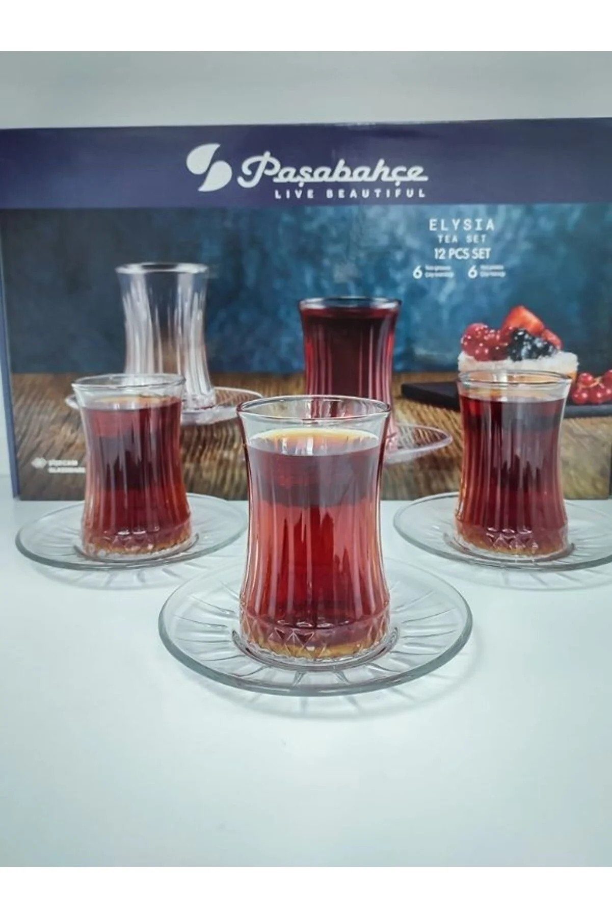 Pasabahce Teeglas Elysia, Glas, 12-teiliges Teeglas Set mit Untertassen, für die Spülmaschine geeignet