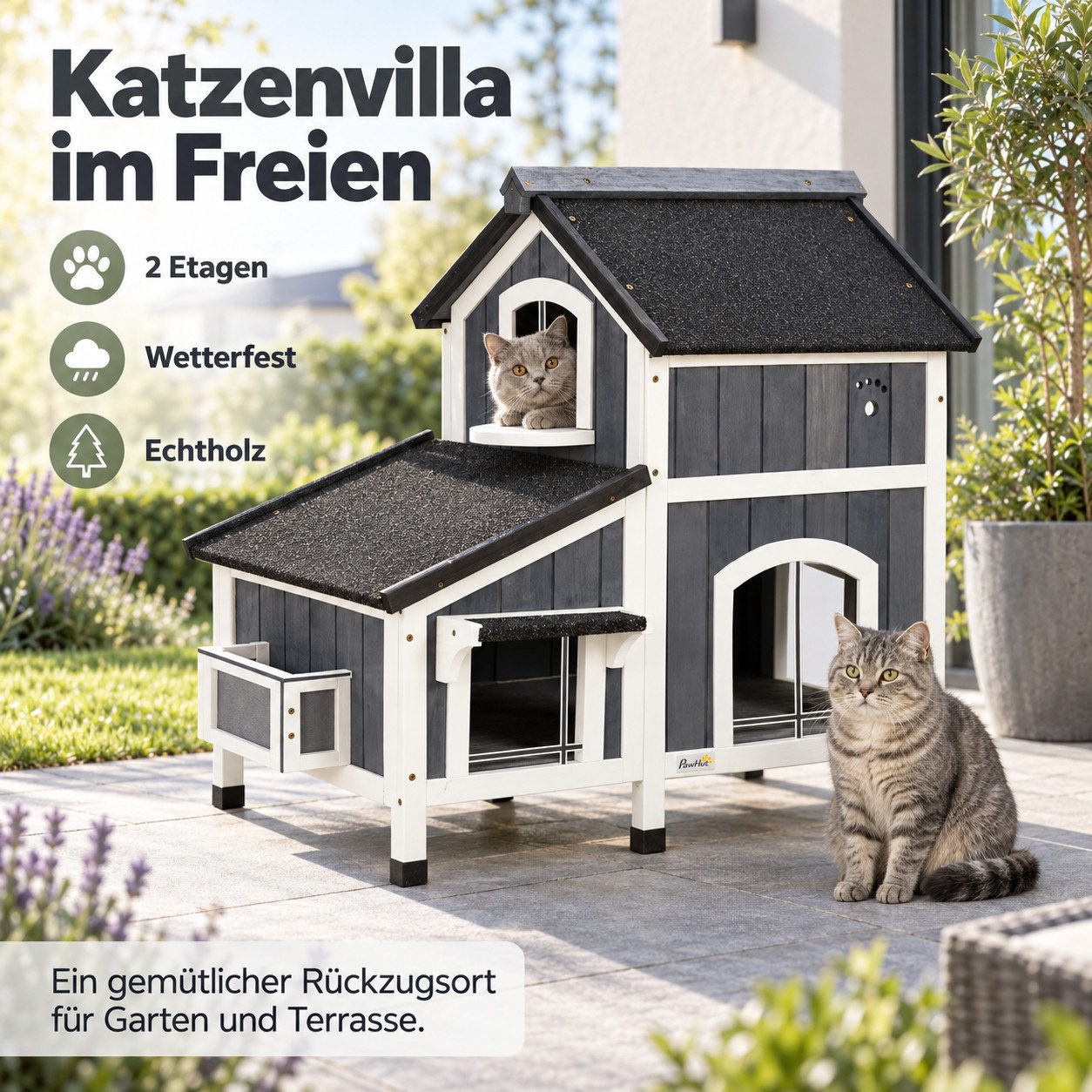 MIBODE Katzenhaus Outdoor Katzenhaus aus Holz, 2 Etagen, wetterfest mit Eingängen, 2 Etagen, abgeschrägtes Dach, erhöhter Boden, mehrere Eingänge
