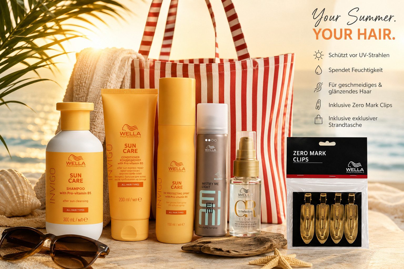 Wella Professionals Haarpflege-Set Invigo Sun Care Summer Set mit Accessoires, 7-tlg., Rundum-Pflege für sonnengestresstes Haar + Accessoires