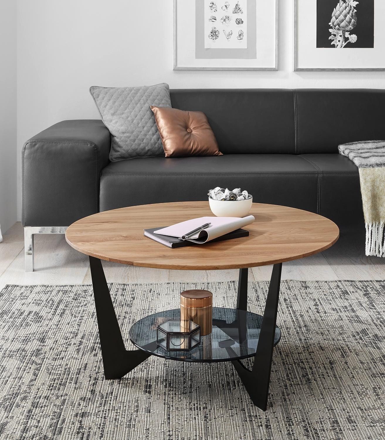 Couchtisch CADIZ, Braun, Grau, Schwarz, Eichenholz massiv, Metall, Ablageboden aus Glas, Ø 70 x H 40 cm