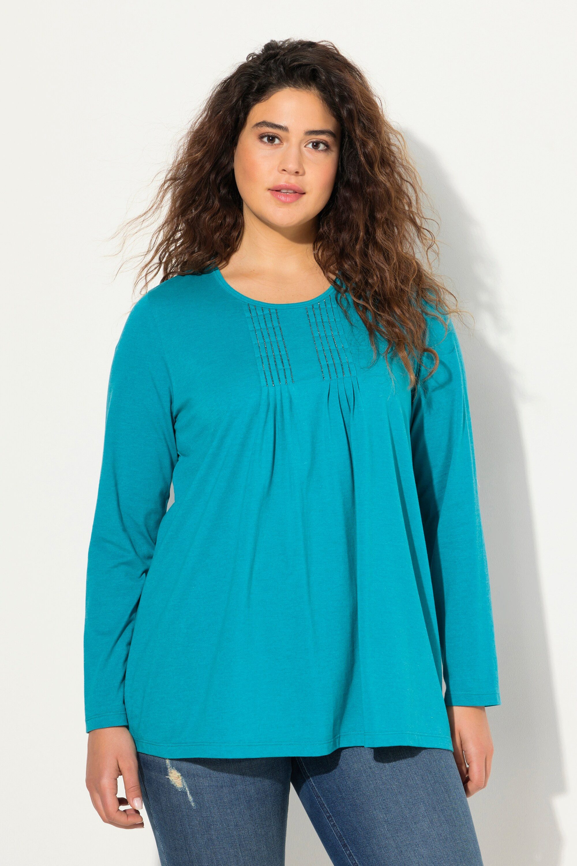 T-Shirt Shirt Falten Perlen A-Linie Langarm