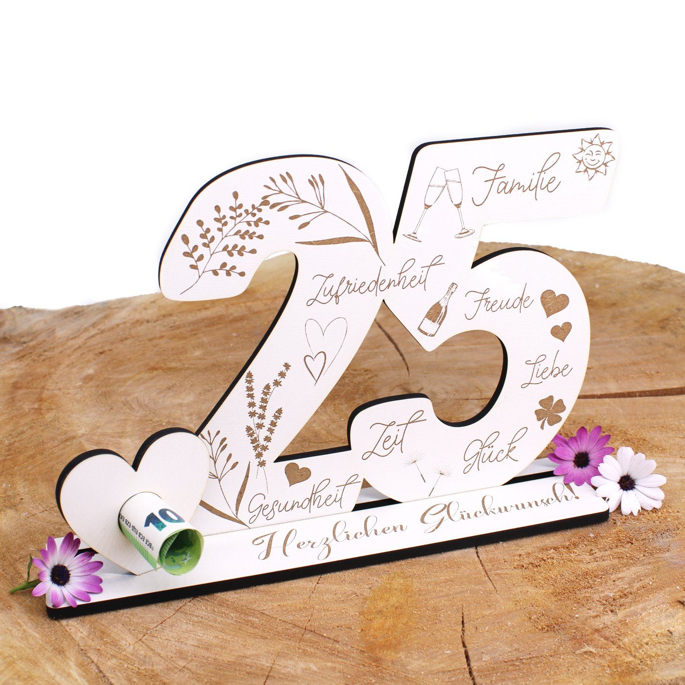 Dekolando Deko-Buchstaben Aufsteller Zahl 25 Geburtstag Herzlichen Glückwunsch Geldgeschenk (weiß, 3tlg), 17 x 24 cm