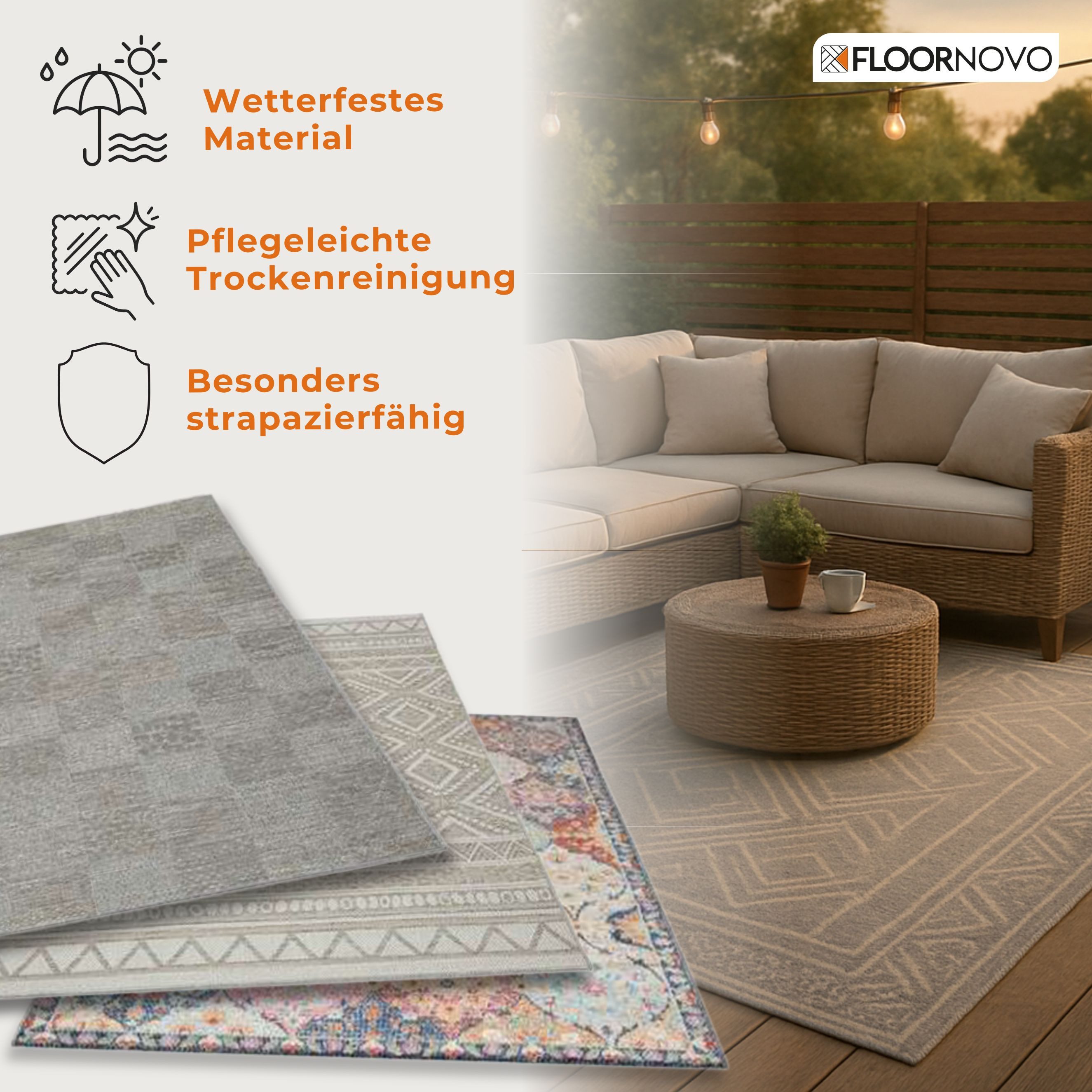 Floornovo Outdoorteppich In- & Outdoor Teppich Grau versch. Größen - rechteckig für die Terrass, rund, Terrassenteppich
