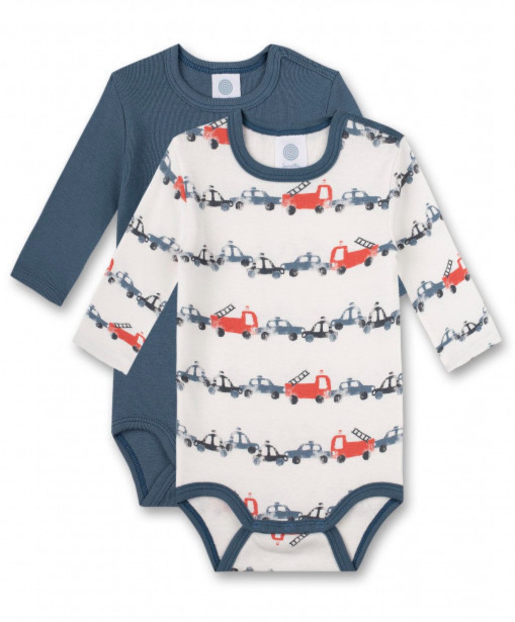 Sanetta Langarmbody Baby Body Langarm 2er-Pack aus Baumwolle mit Auto- & Feuerwehr-Motiv