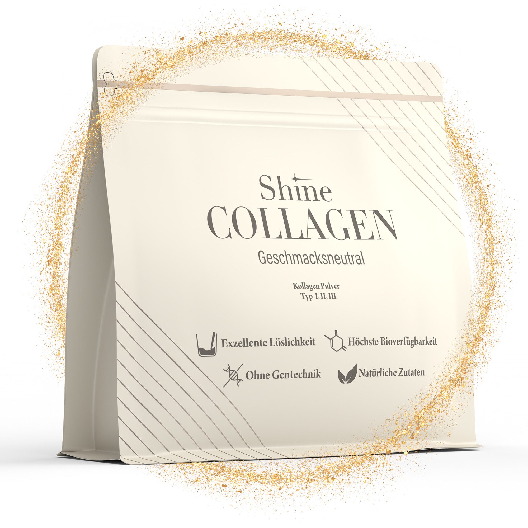 Shine Collagen Pulver - 100% Kollagen Peptide, Premium Hydrolsat Typ 1,2 und 3 Pulver, 500 g, Perfekte Löslichkeit, Geschmachsneutral
