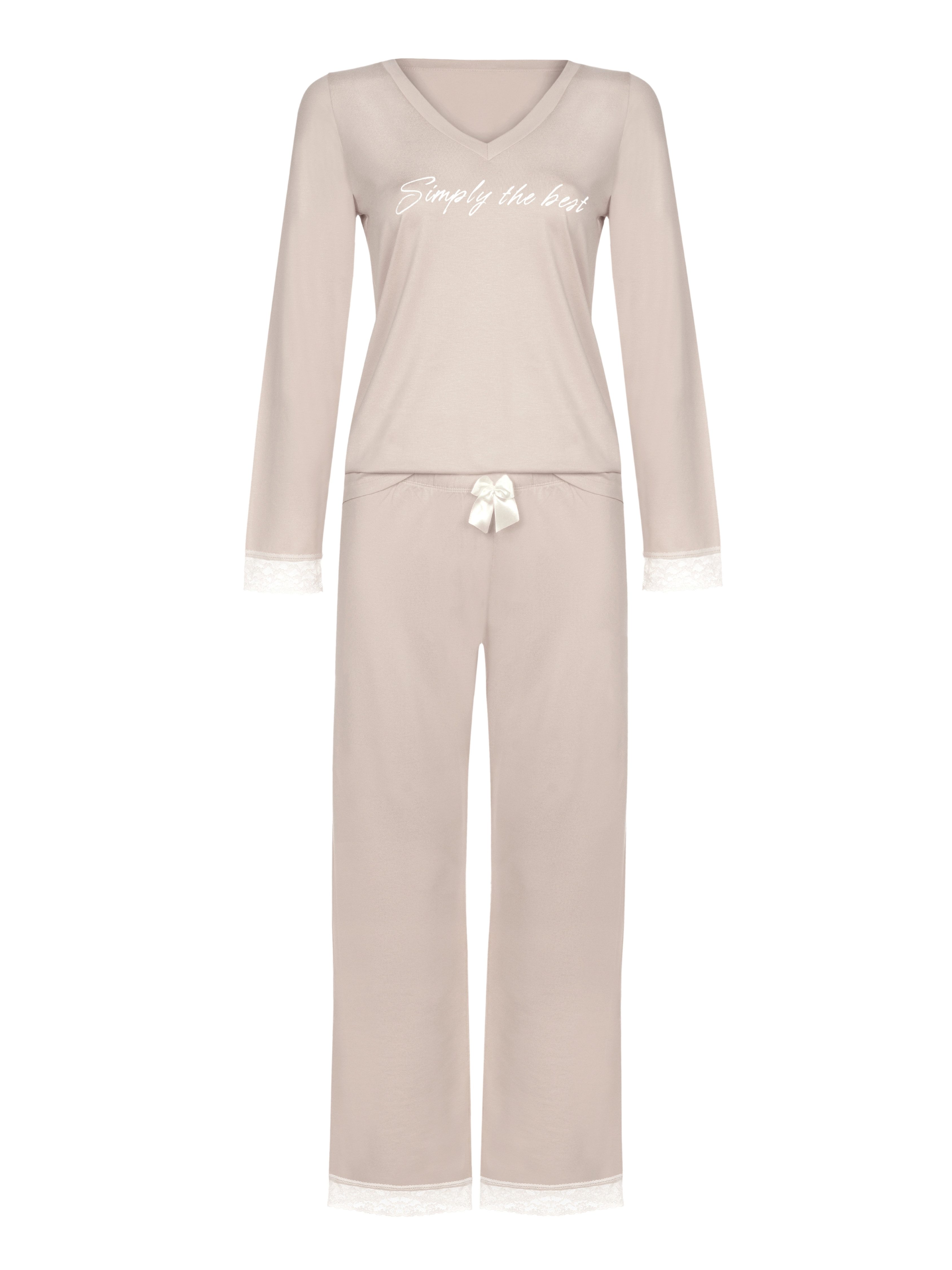 Donna Pyjama langarm Schlafanzug mit Spitze in Ecru (2 tlg) premium Viskose günstig online kaufen