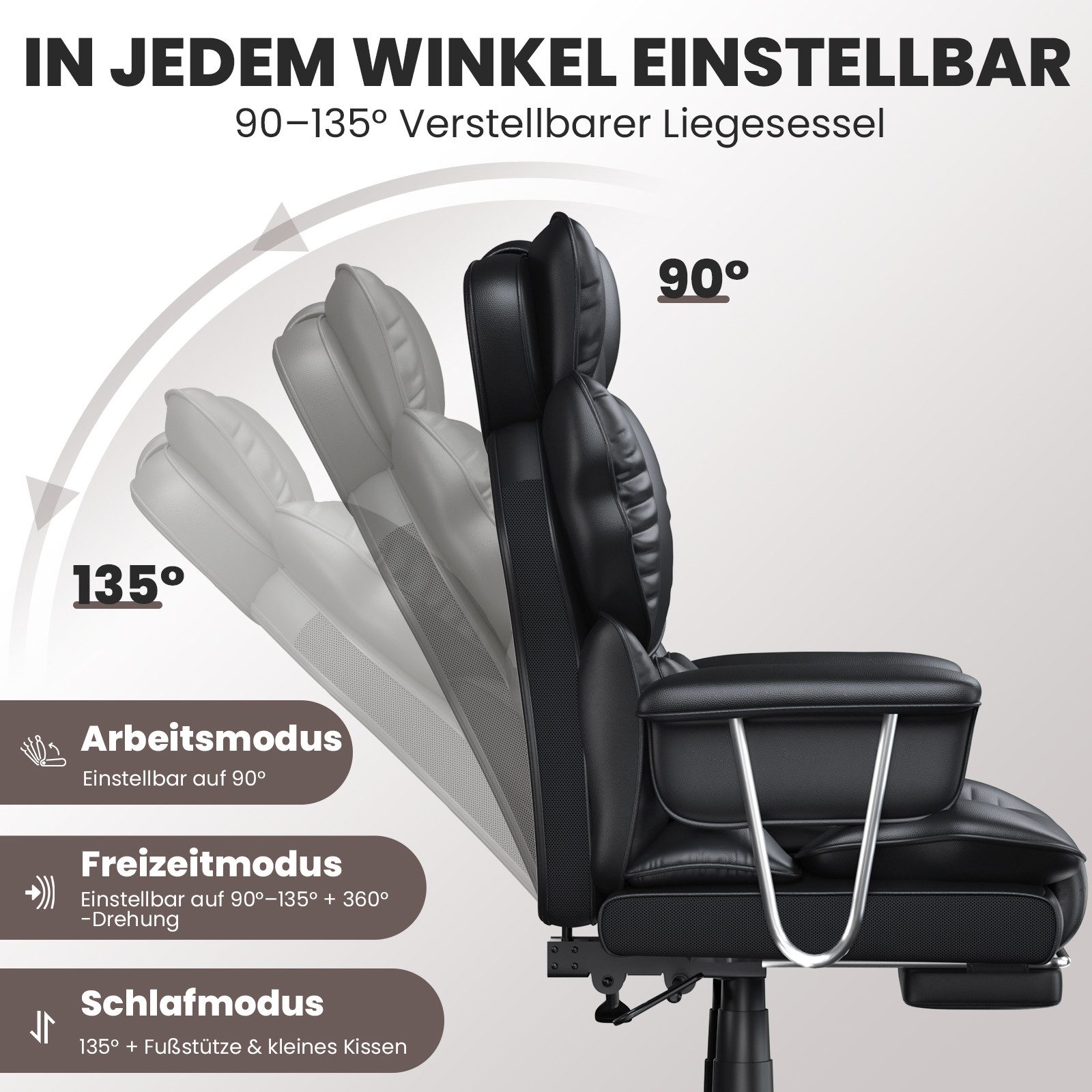 ZAISZE Bürostuhl Ergonomischer Bürostuhl mit Ruhefunktion, 136° Neigung (Spar-Set), Arretierbare Rückenlehne, klappbare Fußstütze, Belastbarkeit: 150 kg – Bild 4 von 5