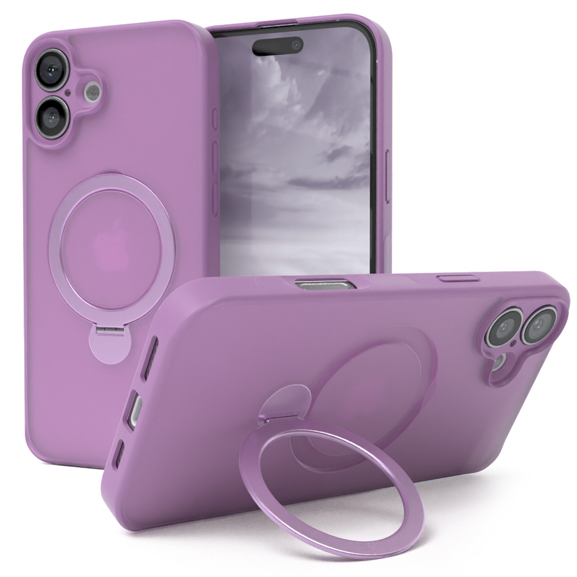 EAZY CASE Handyhülle Outdoor iPhone 16 Plus Case MagSafe Rotation Ring 6,7 Zoll, Slim Cover Handyhülle stoßfest Silikon Case Outdoorcase kratzfest Lila