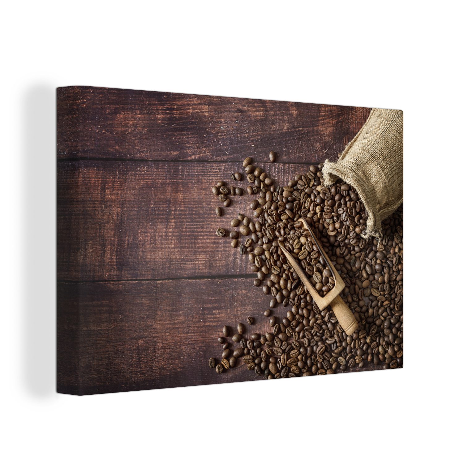 OneMillionCanvasses® Leinwandbild Kaffeebohnen in einem Aufhängefertig, Beutel Schaufel, Wandbild und Leinwandbilder, 30x20 Wanddeko, cm (1 St)