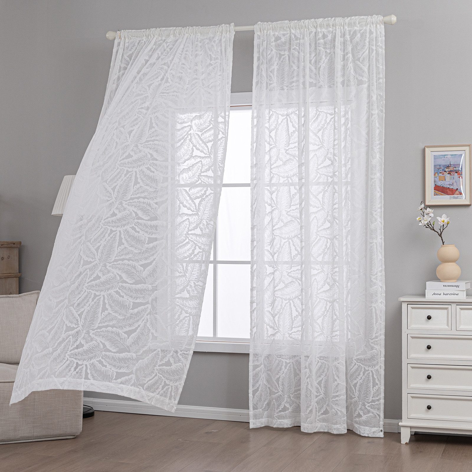 Qelus Gardine Weiss Halbtransparent mit 3D-Blattmuster, Modern Voile Gardinen (2 St), Mehrfach-Aufhängung Sichtschutz Vorhänge für Wohnzimmer & Schlafzimmer