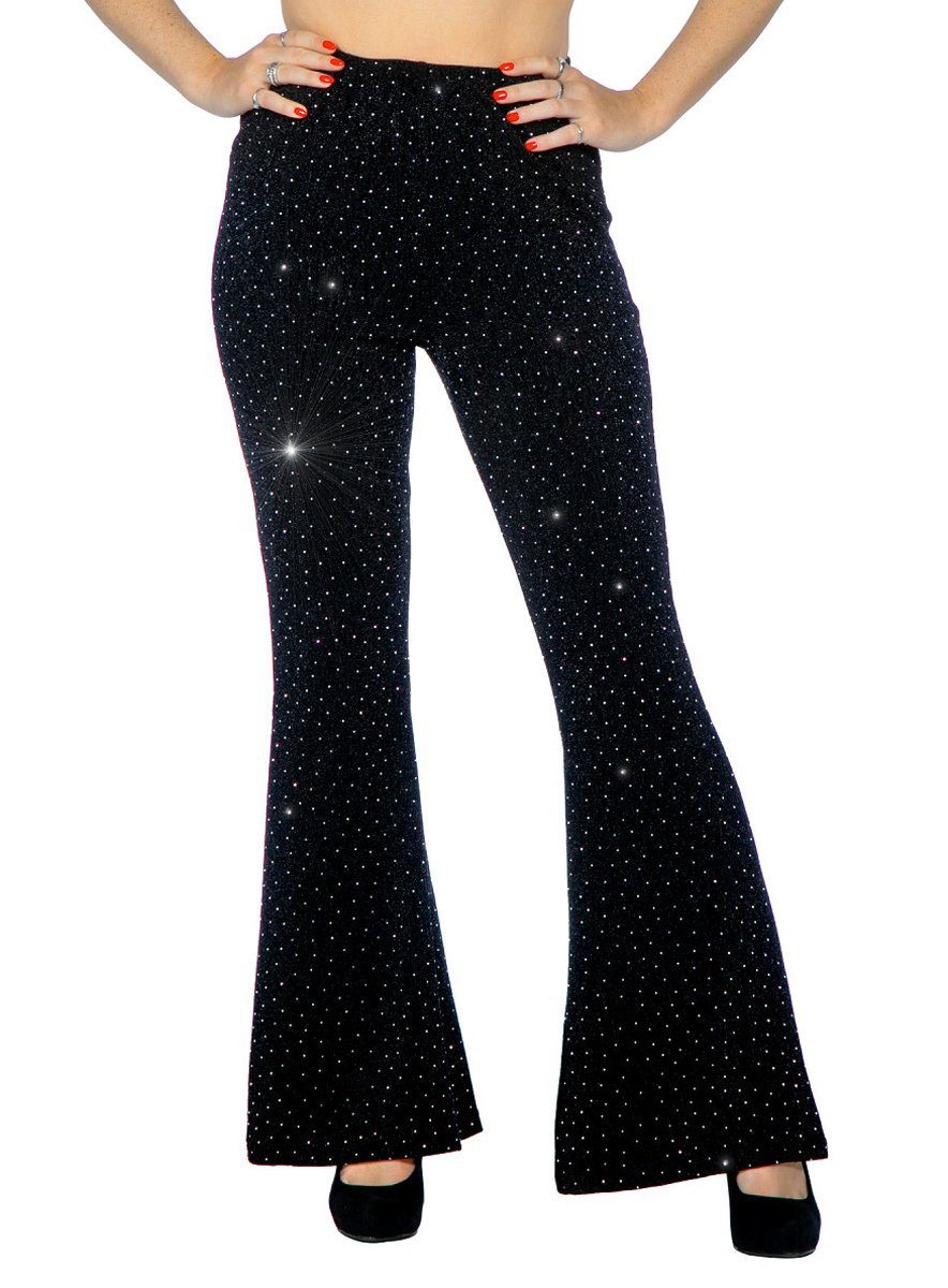 Metamorph Kostüm Disco Leggings für Damen schwarz, 70er Jahre Schlaghose mit Metallic-Schimmer
