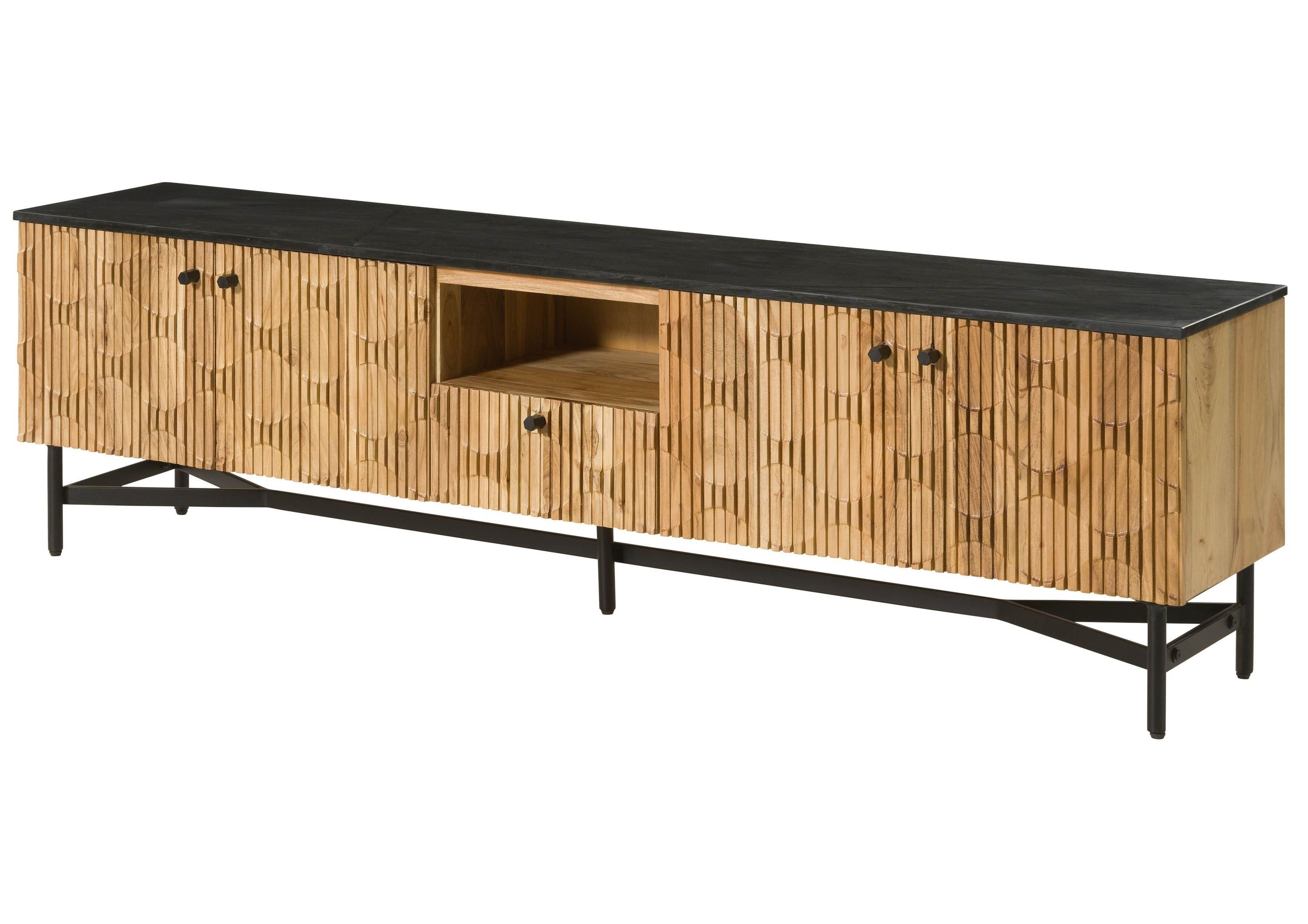 Massivmoebel24 TV-Board LONDON (Massivholz), Akazie 200x40x55 natur lackiert / Marmor schwarz LONDON #106