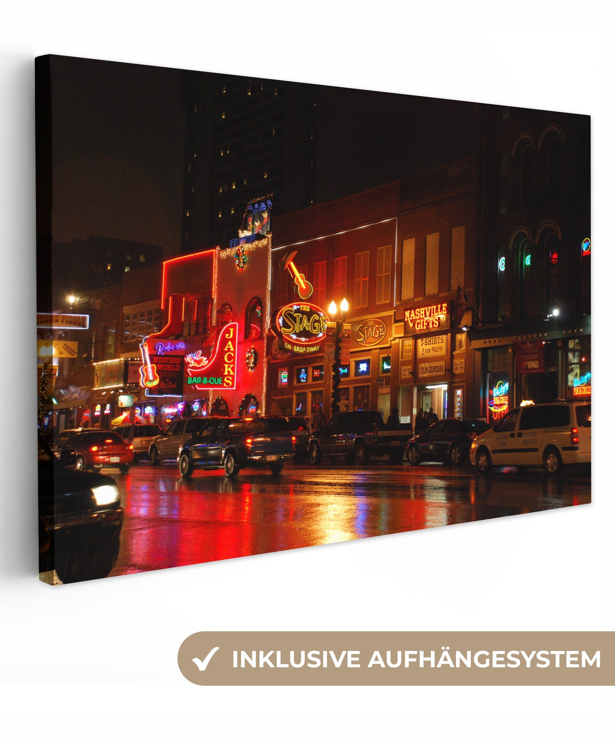 OneMillionCanvasses® Leinwandbild (1 cm Leinwandbilder, - Neon, St), Broadway Nashville Wanddeko, Aufhängefertig, - Wandbild 30x20