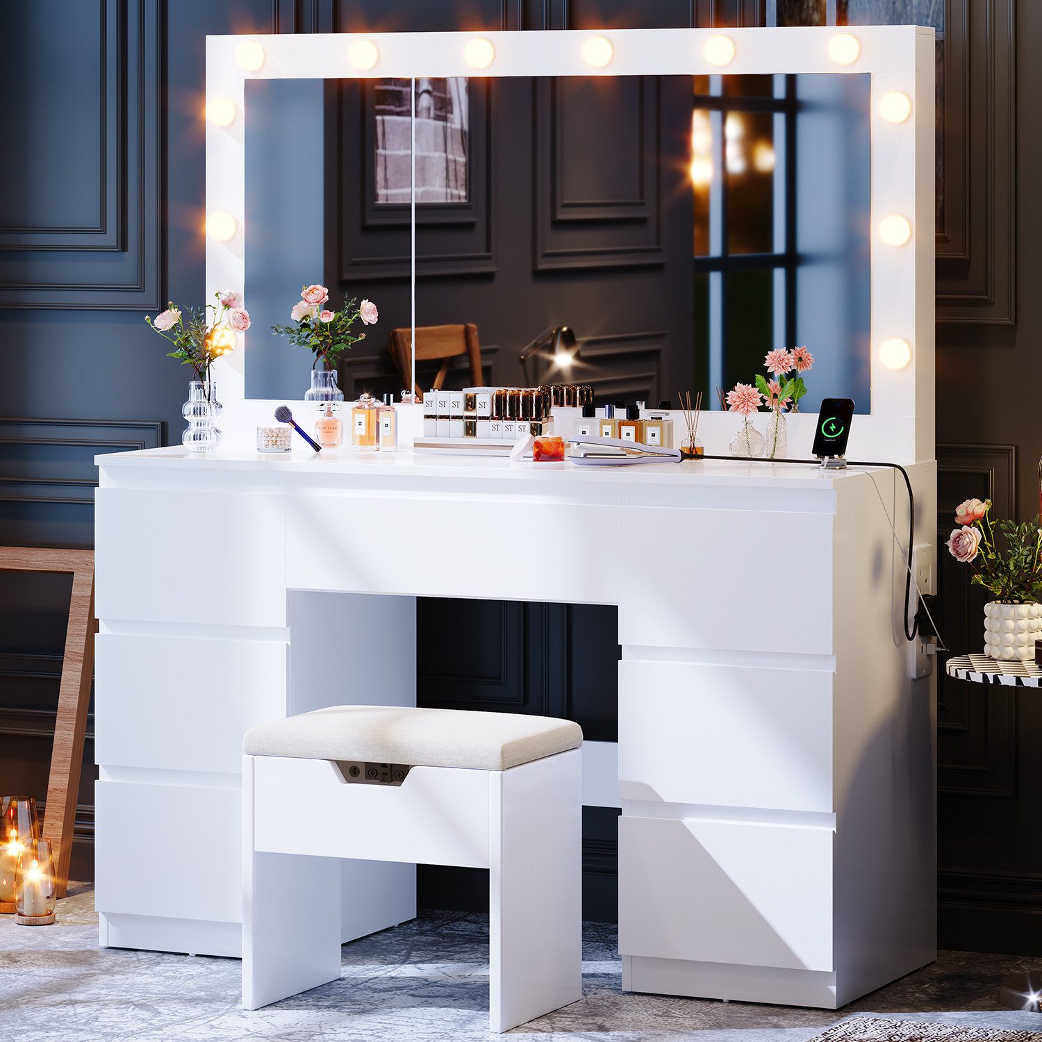 Furnicopia Schminktisch mit 7 Schubladen mit 2 Steckdosen 1 USB-Anschluss 1 günstig online kaufen