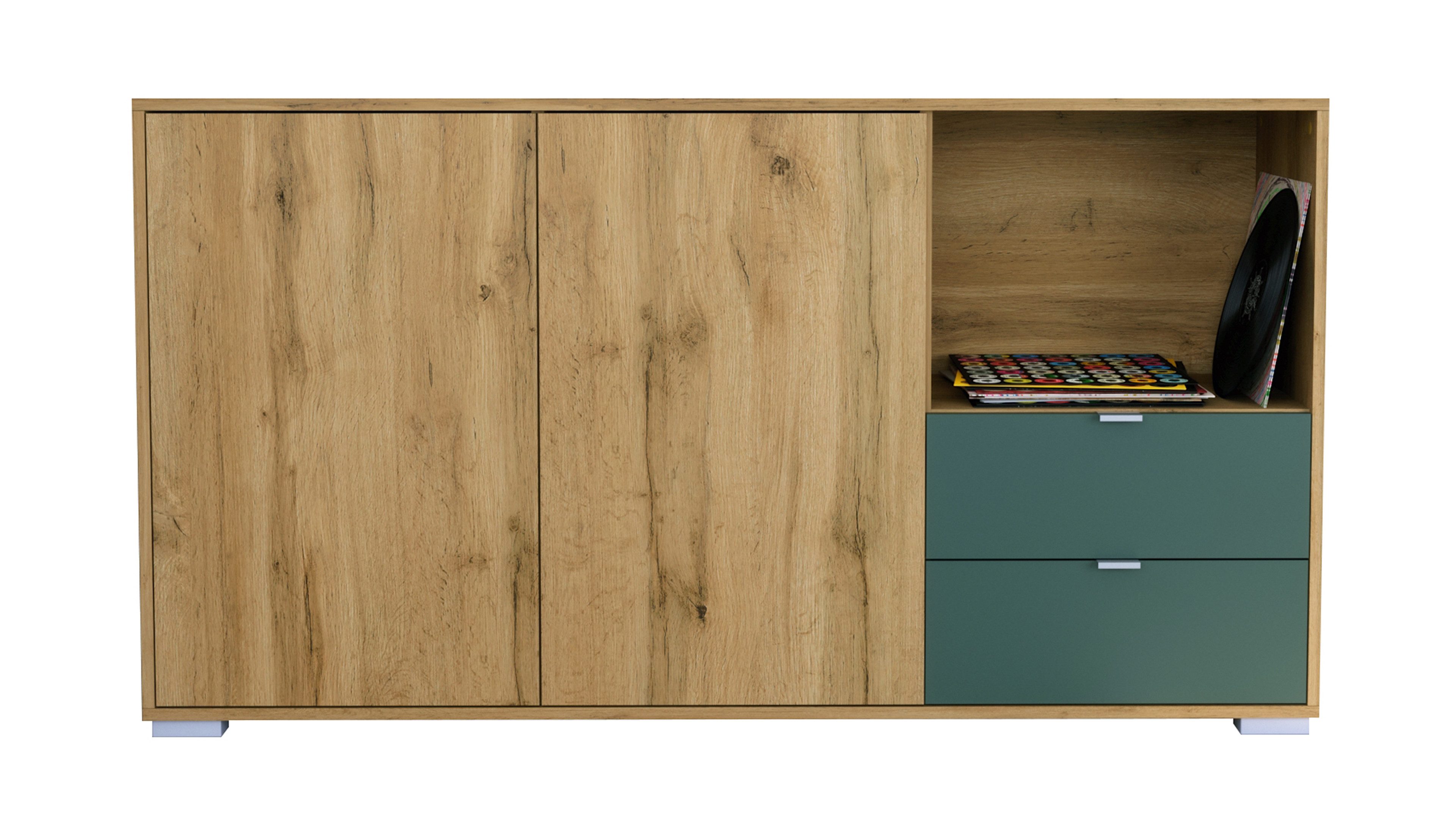 Vladon Sideboard Milano (Kommode mit 2 Türen Eiche Evoke, 2 Schubladen Fjord Grün, Made in Germany), Korpus Eiche Evoke (152,5 x 83 x 37 cm)