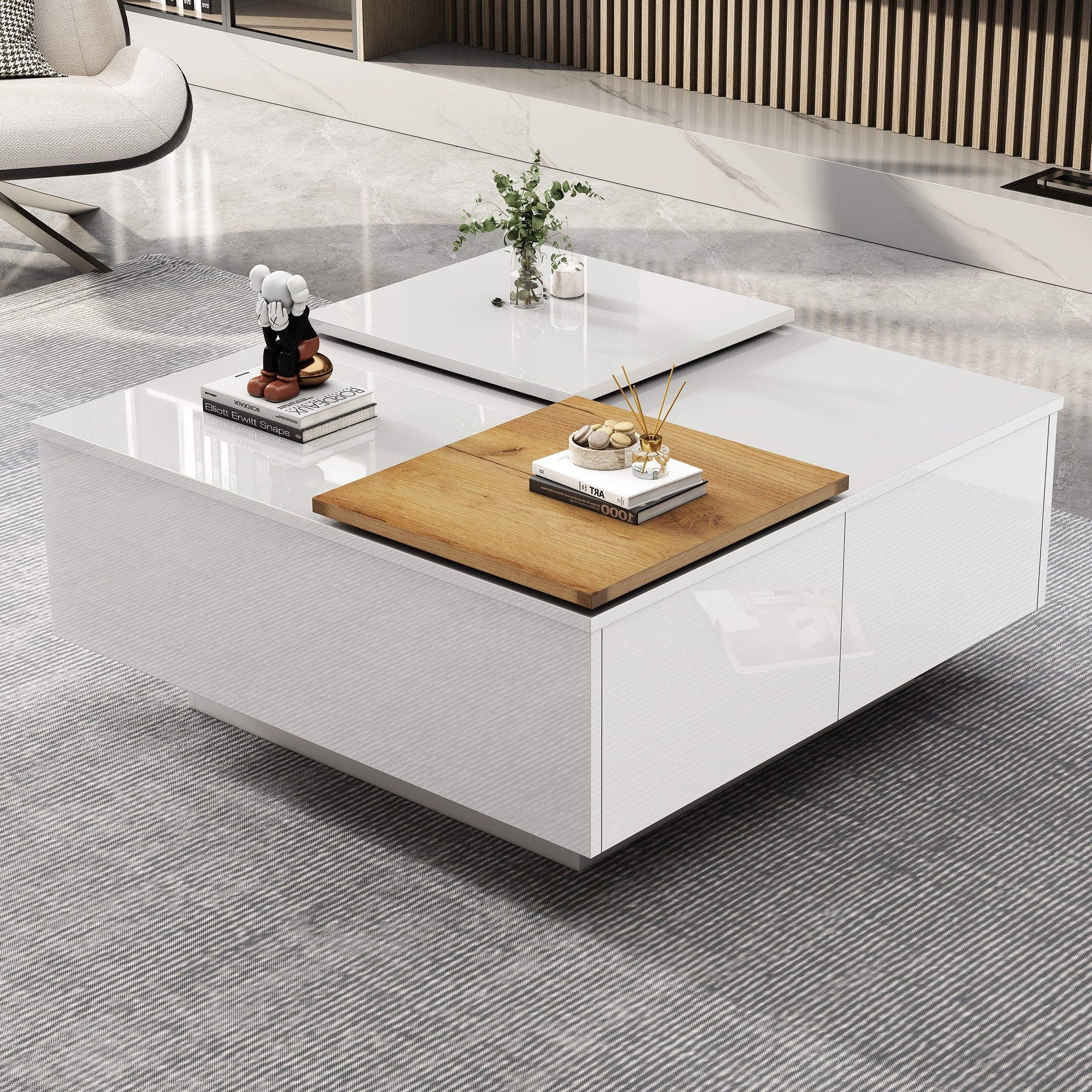 BlingBin Couchtisch kleine verschiebbare Tischplatte, 75x75x33,5 cm (1er Set, 1-St., Wohnzimmertisch mit 4 Schubladen), Couchtisch mit Ablagefläche, max. 30kg belastbar