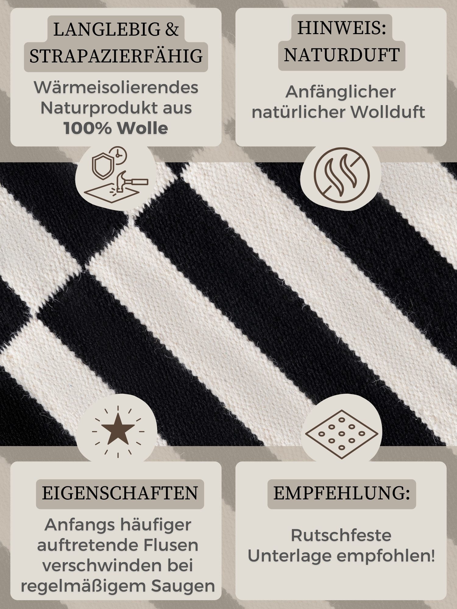 HANSE Home Wollteppich Donna, schwarz-weiss, rechteckig, Höhe: 5 mm, Handgewebt, Wolle, Natur, Läufer, Wohnzimmer, Schlafzimmer, Streifen