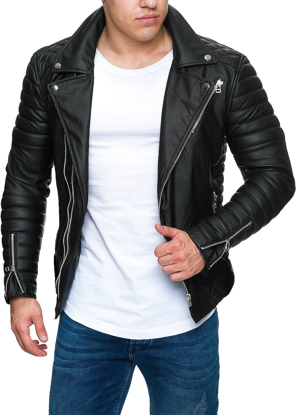Reichstadt Lederjacke Herren Slim Fit Kunstleder Jacke Silver Zipper RS001PU Black XXL im Bikerstyle mit Silver Zippern – Bild 3 von 5