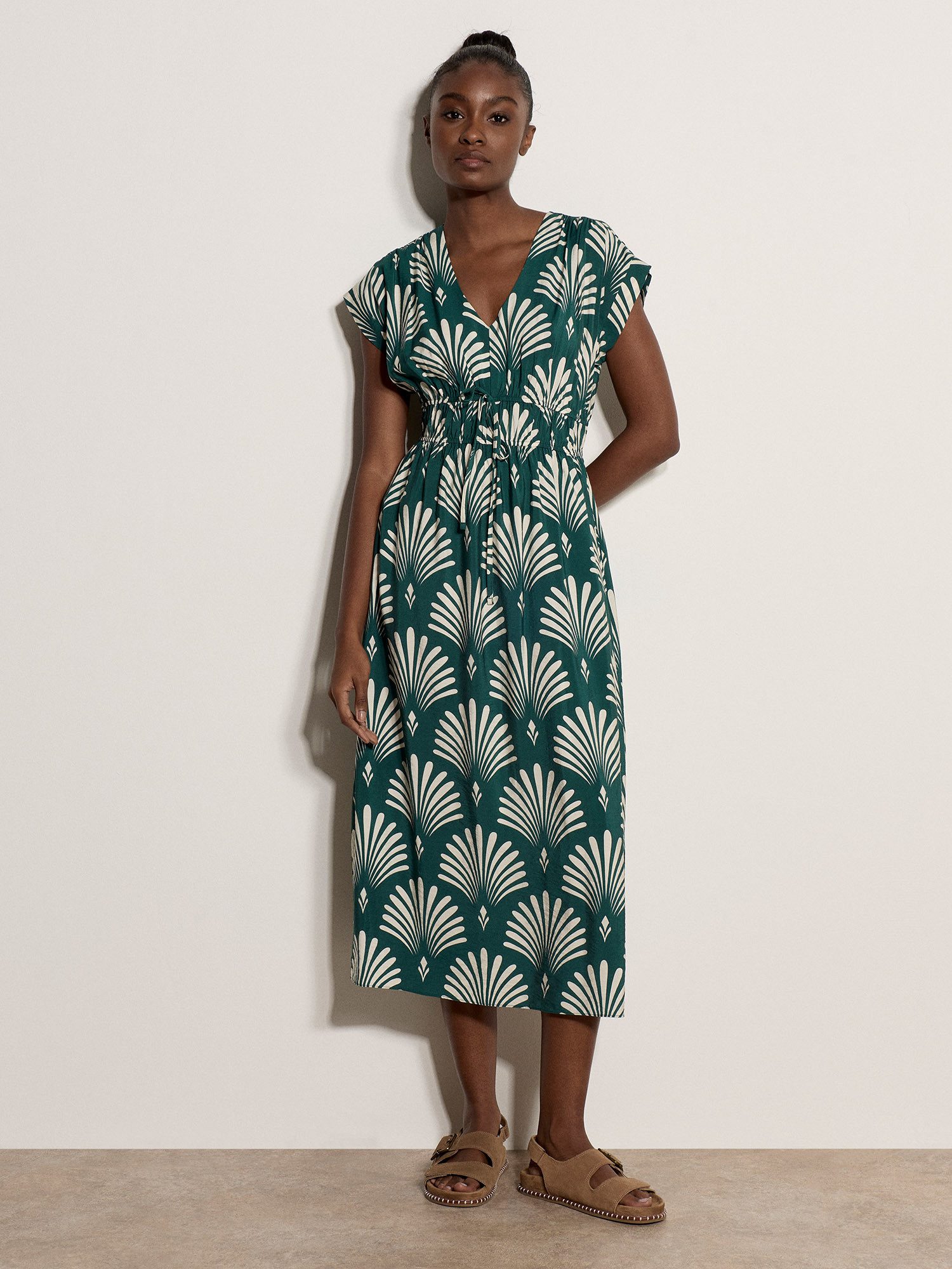 Apricot Midikleid Midaxi-Kleid mit Fächerprint mit Bindeband