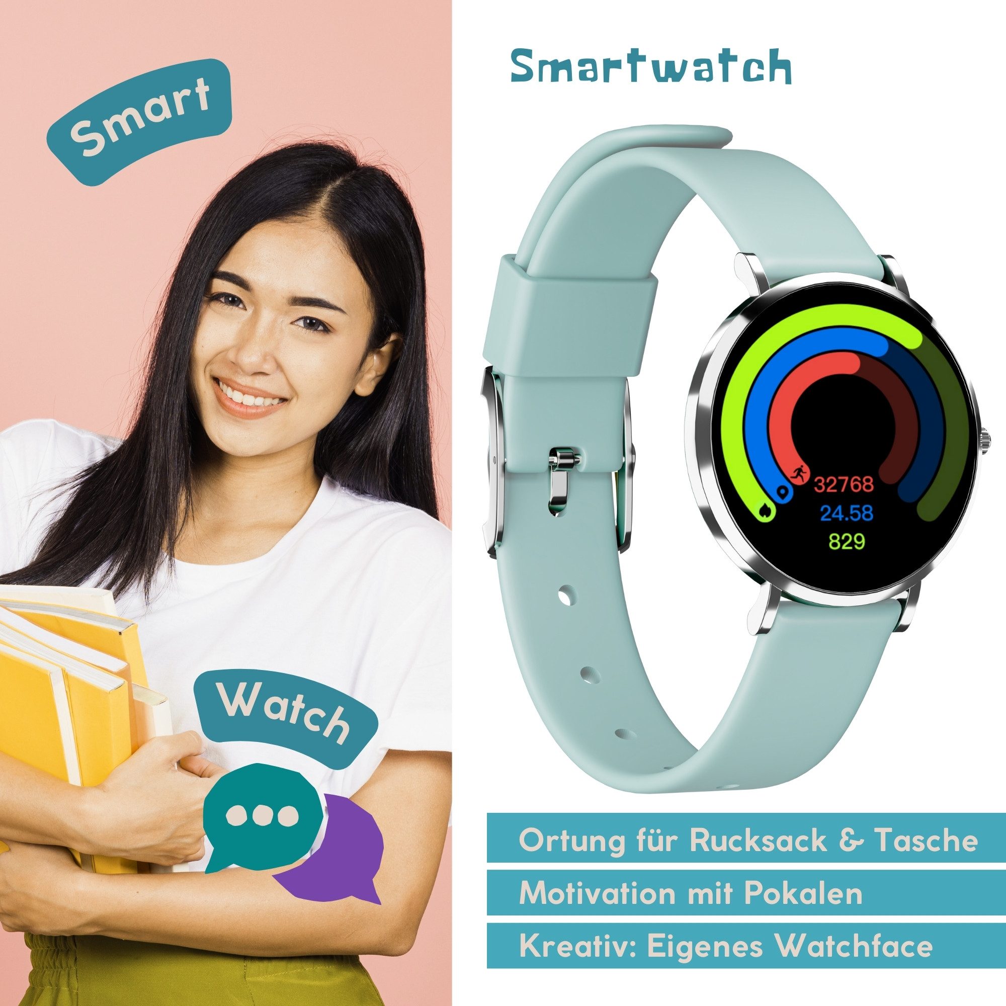 XCOAST XCOAST, LINO-Time, extra kleine Kinder Smartwatch (3,7 cm) Set, 2-tlg., 6 Tage Akku, Sportfunktion, SOS NOTRUF, 6 Tage Akku, IP68 wasserdicht, Edelstahl, flach