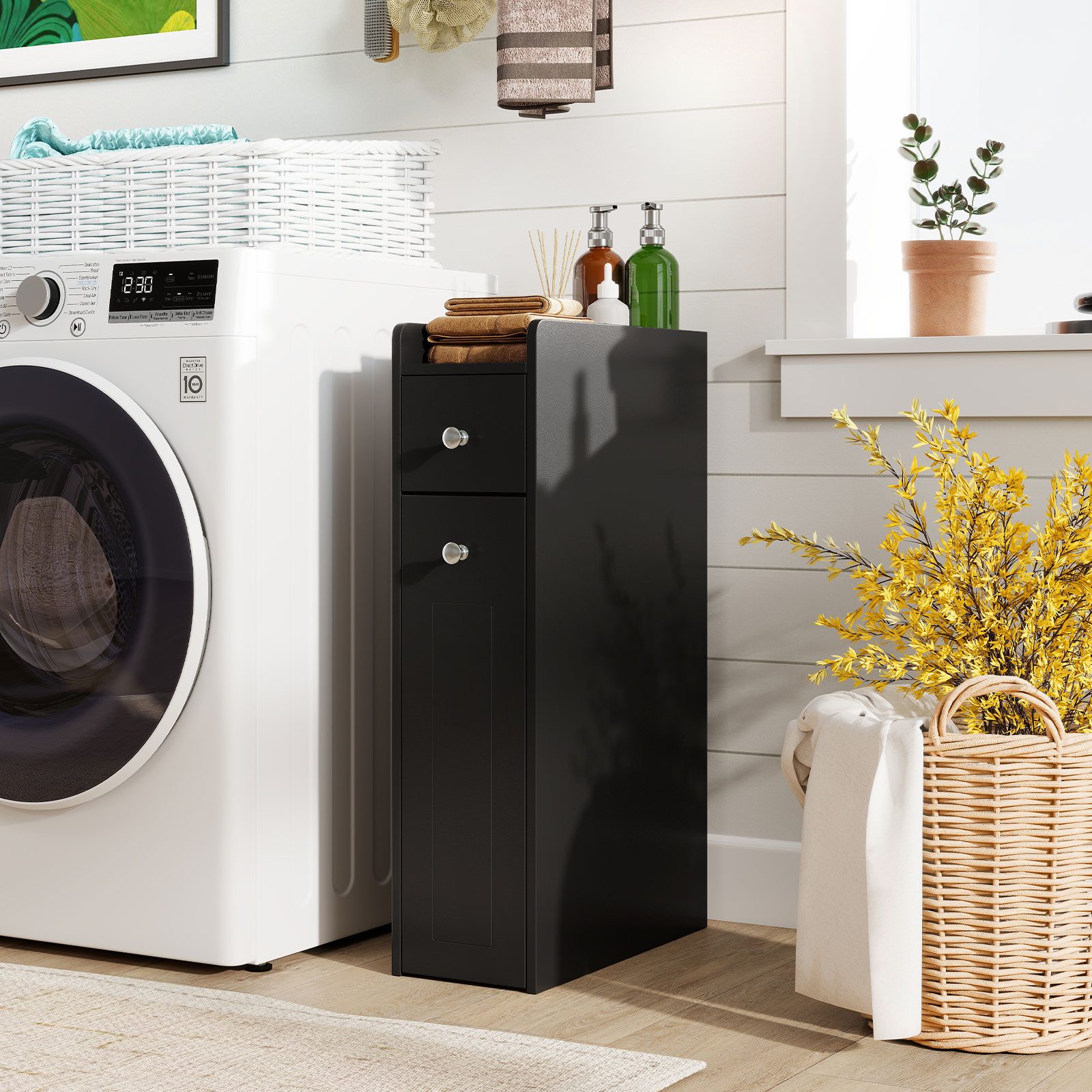 KOMFOTTEU Badkommode Nischenschrank Nischenregal Badezimmerschrank, mit Schublade & Rollen – Bild 2 von 5
