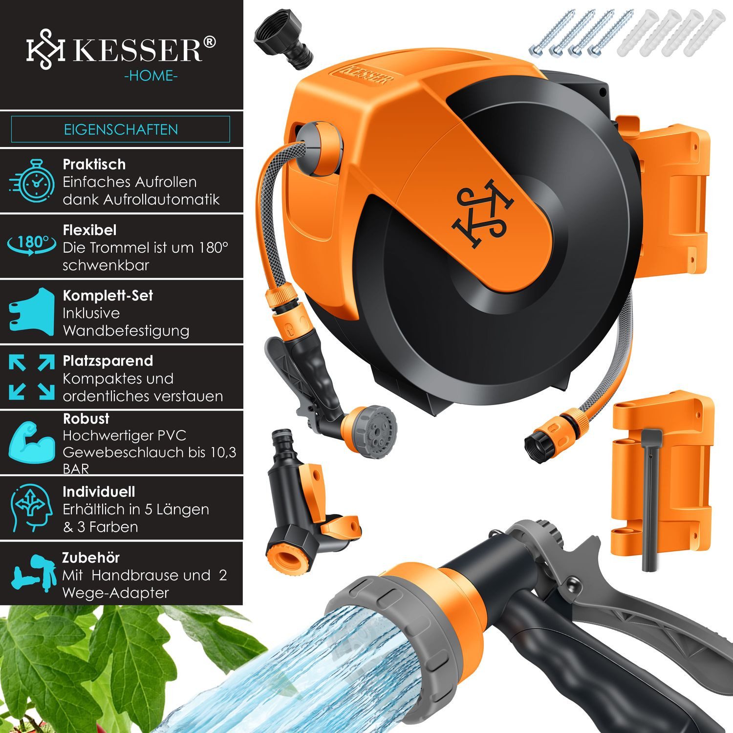 KESSER Gartenschlauch Wasserschlauchtrommel 180° schwenkbar & automatische Aufrollung, (Inklusive ergonomischer 7-Funktionen-Power-Handbrause), Schlauchtrommel mit Gartenschlauch zur Wandmontage Wand-Schlauchbox