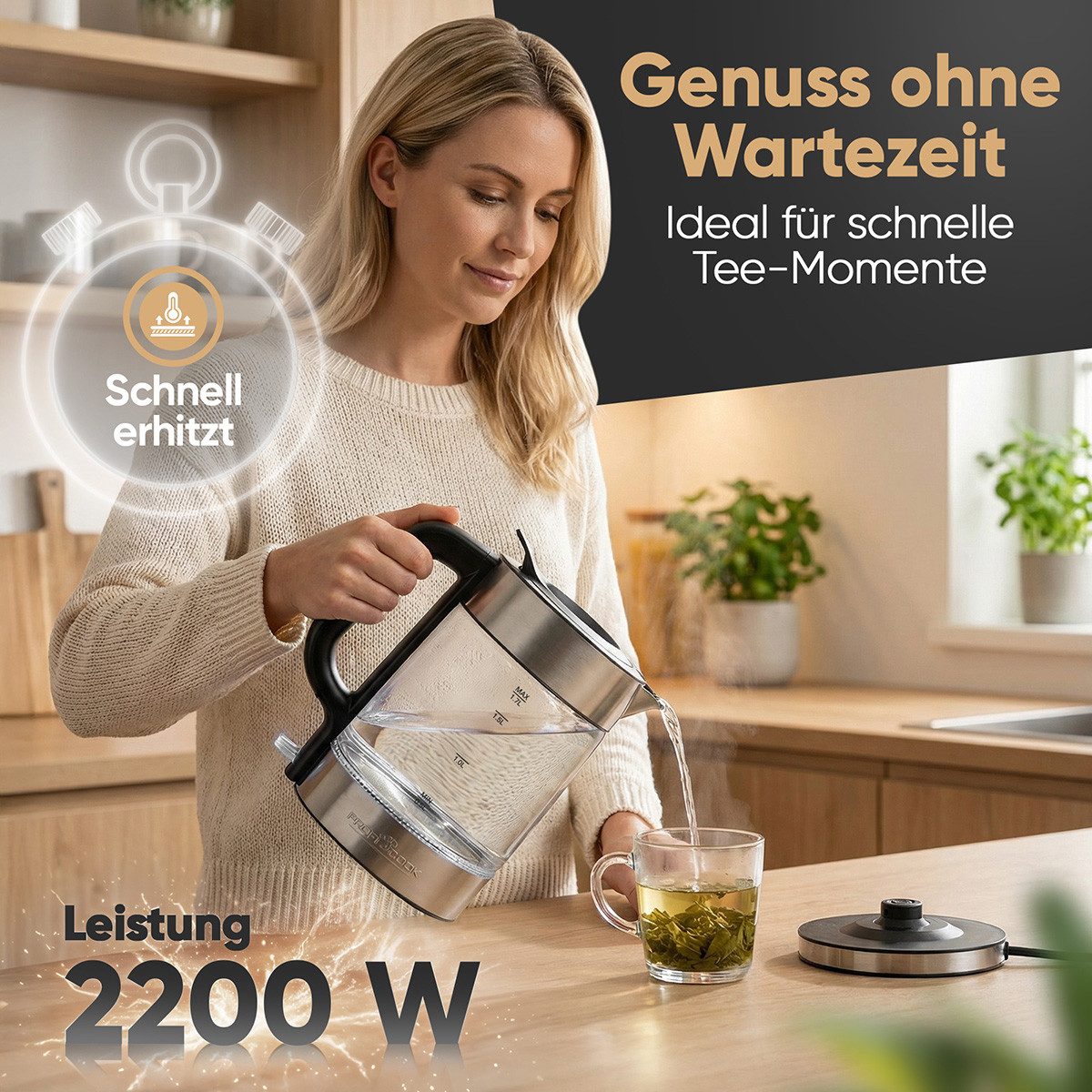 ProfiCook Wasserkocher PC-WKS 1322 G, Wasserkocher Glas, 1,7L, 2200W, BPA frei