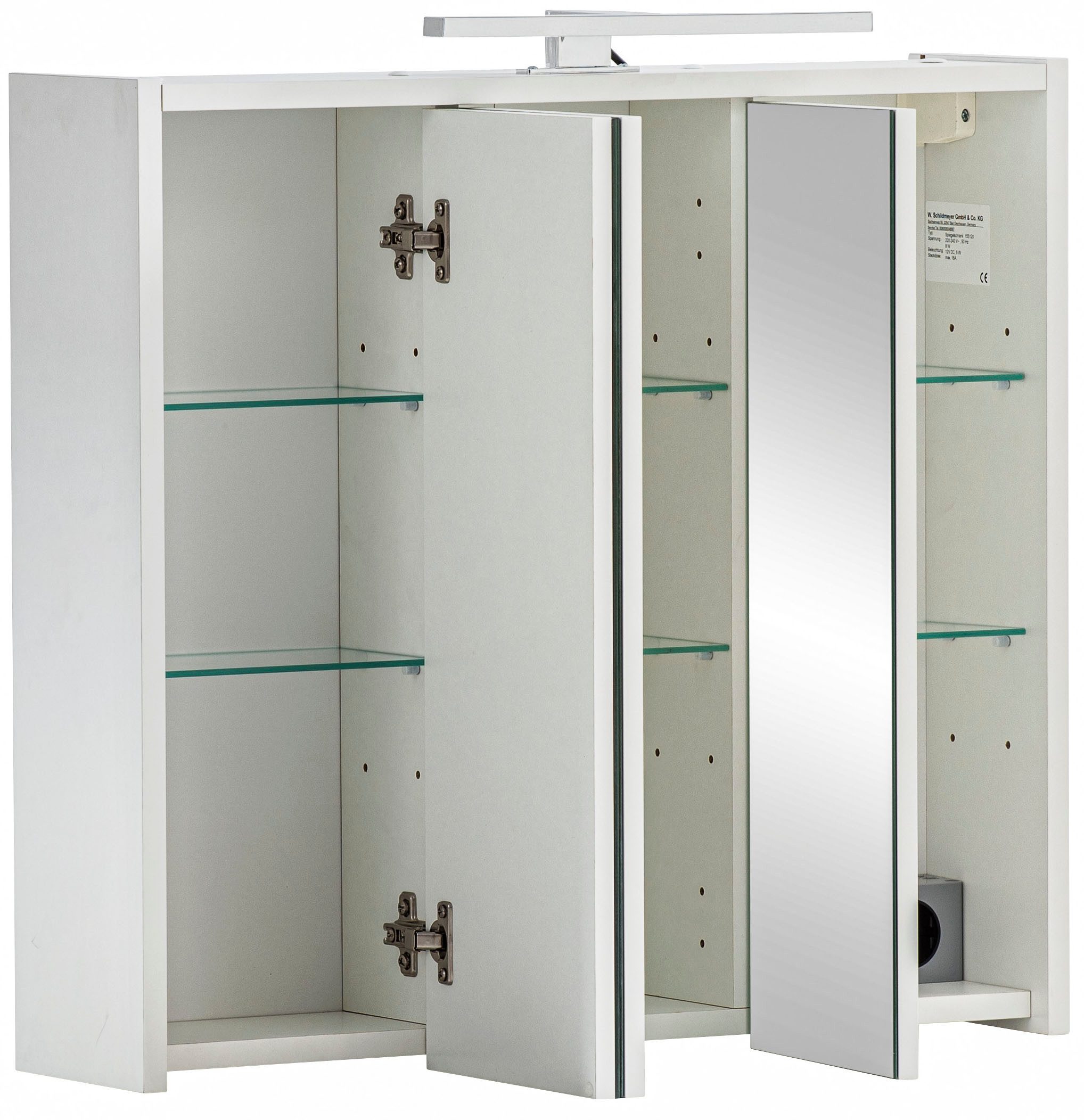 Schildmeyer Spiegelschrank Palermo, Breite 65 cm Mit LED-Leuchte und Steckdose, Metallbeschläge, Glaseinlegeböden