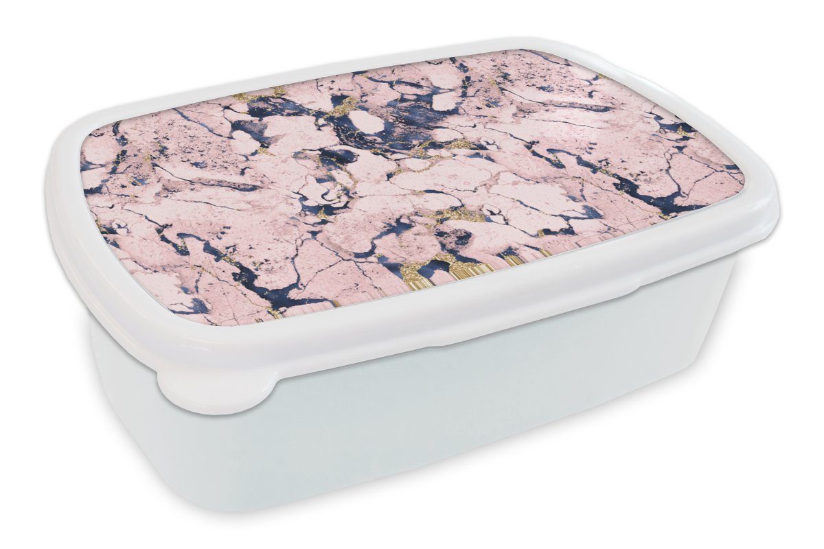 MuchoWow Lunchbox Marmor - Gold - Rosa - Blau - Muster, Kunststoff, (2-tlg), Brotbox für Kinder und Erwachsene, Brotdose, für Jungs und Mädchen weiß