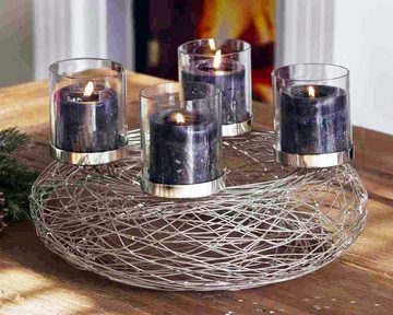 EDZARD Adventskranz Rimini, (36 cm) Kerzenhalter für Stumpenkerzen, Adventsleuchter als Weihnachtsdeko für 4 Kerzen á Ø 7,5 cm, Kerzenkranz als Tischdeko mit Silber-Optik, vernickelt