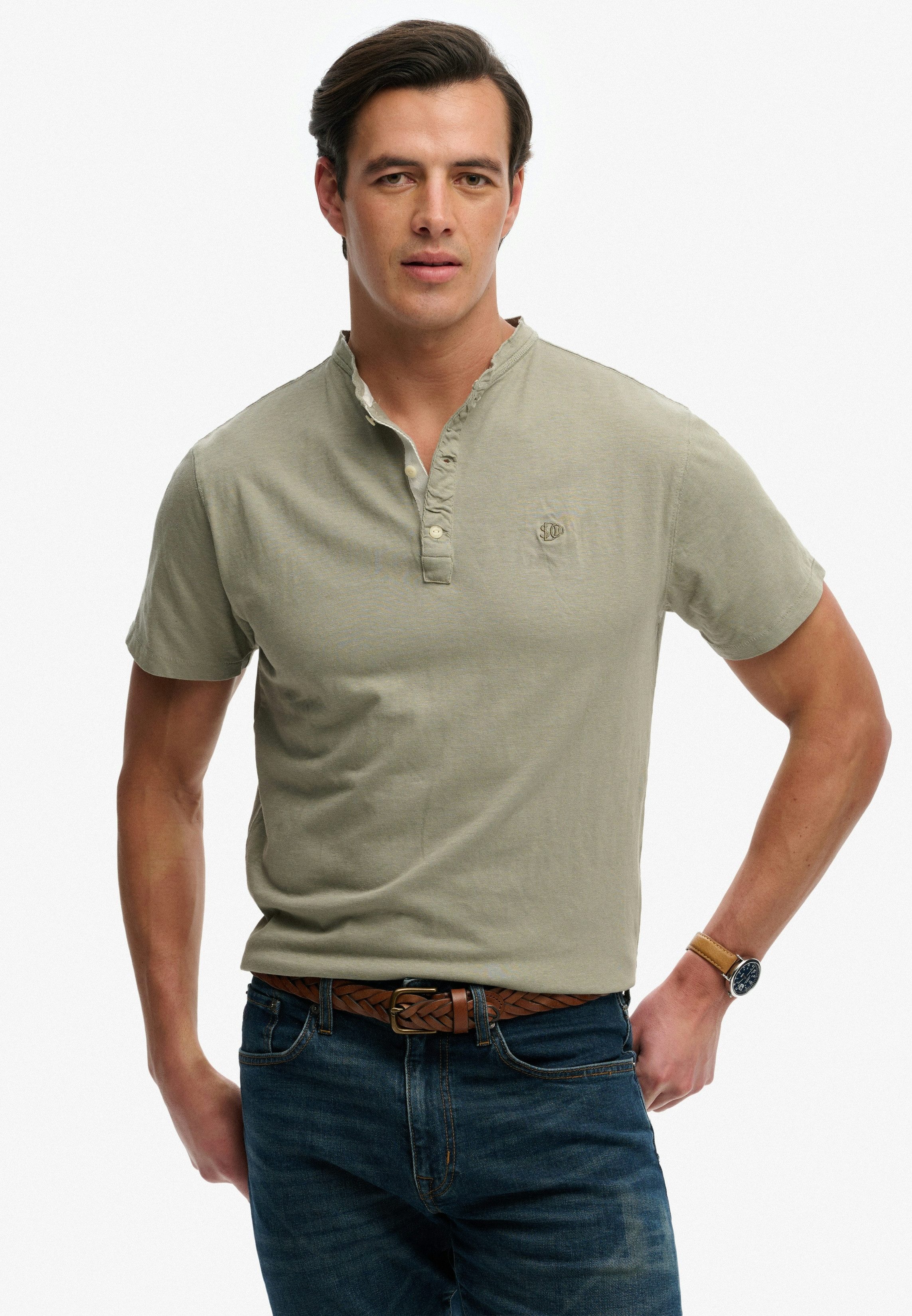 Superdry T-Shirt CLASSIC COTTON LIN SS GRANDAD mit Markenlabel, aus Baumwolle und Leinen, in Single Jersey, Kurzarm