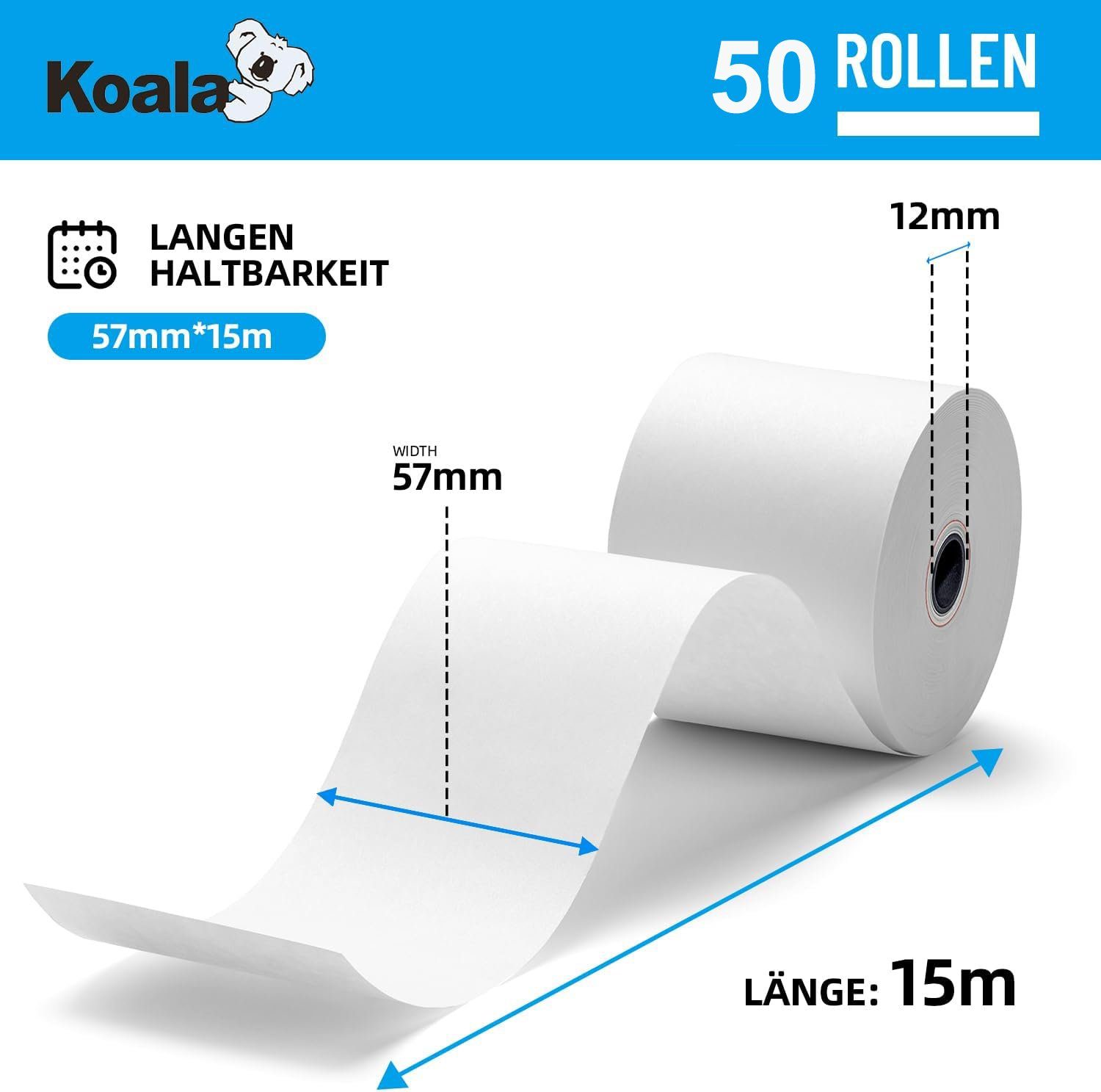 Koala Etikettenpapier 50 Kassen, für 57 Thermopapier Rollen x Bonrolle Drucker 15m