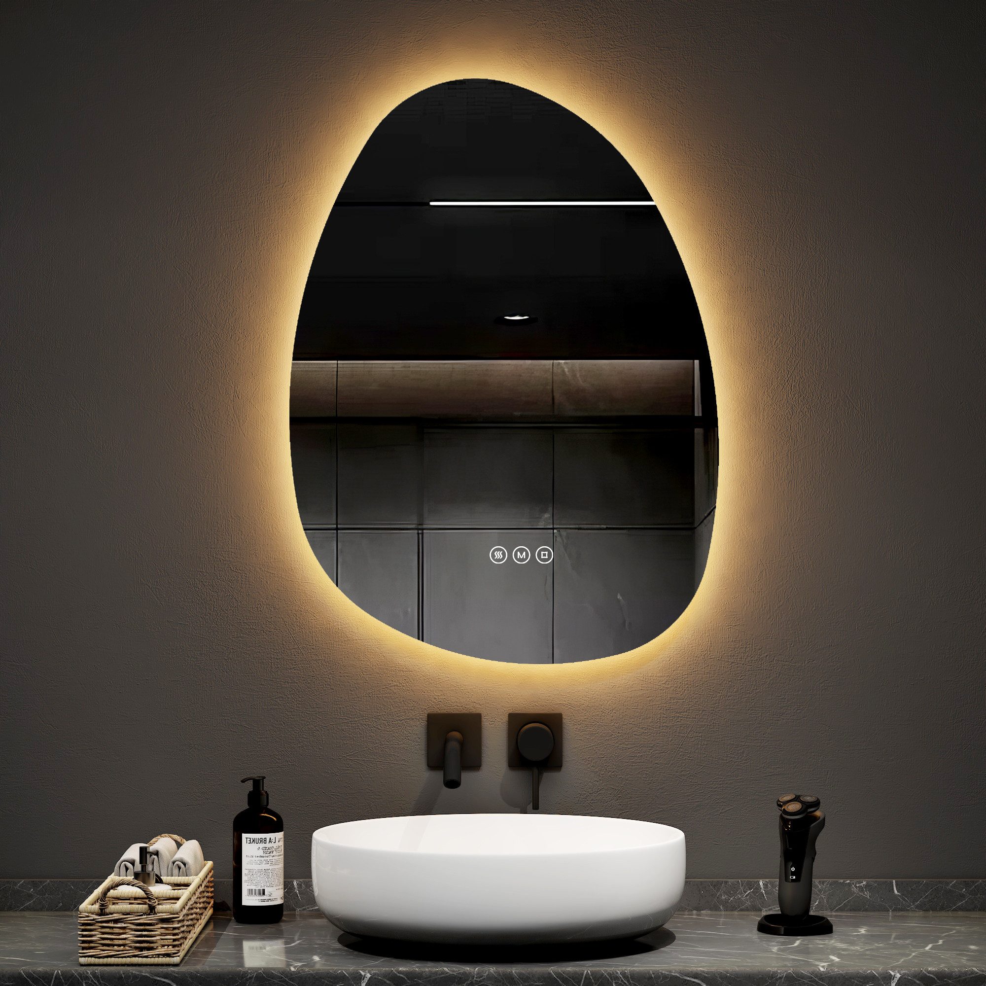 EMKE Badspiegel LED Badezimmerspiegel Asymmetrisch mit Beleuchtung und 3 Lichtfarben (Kieselsteinform), Memory-Funktion, einstellbare Helligkeit Antibeschlag IP44, 45 x 65 cm