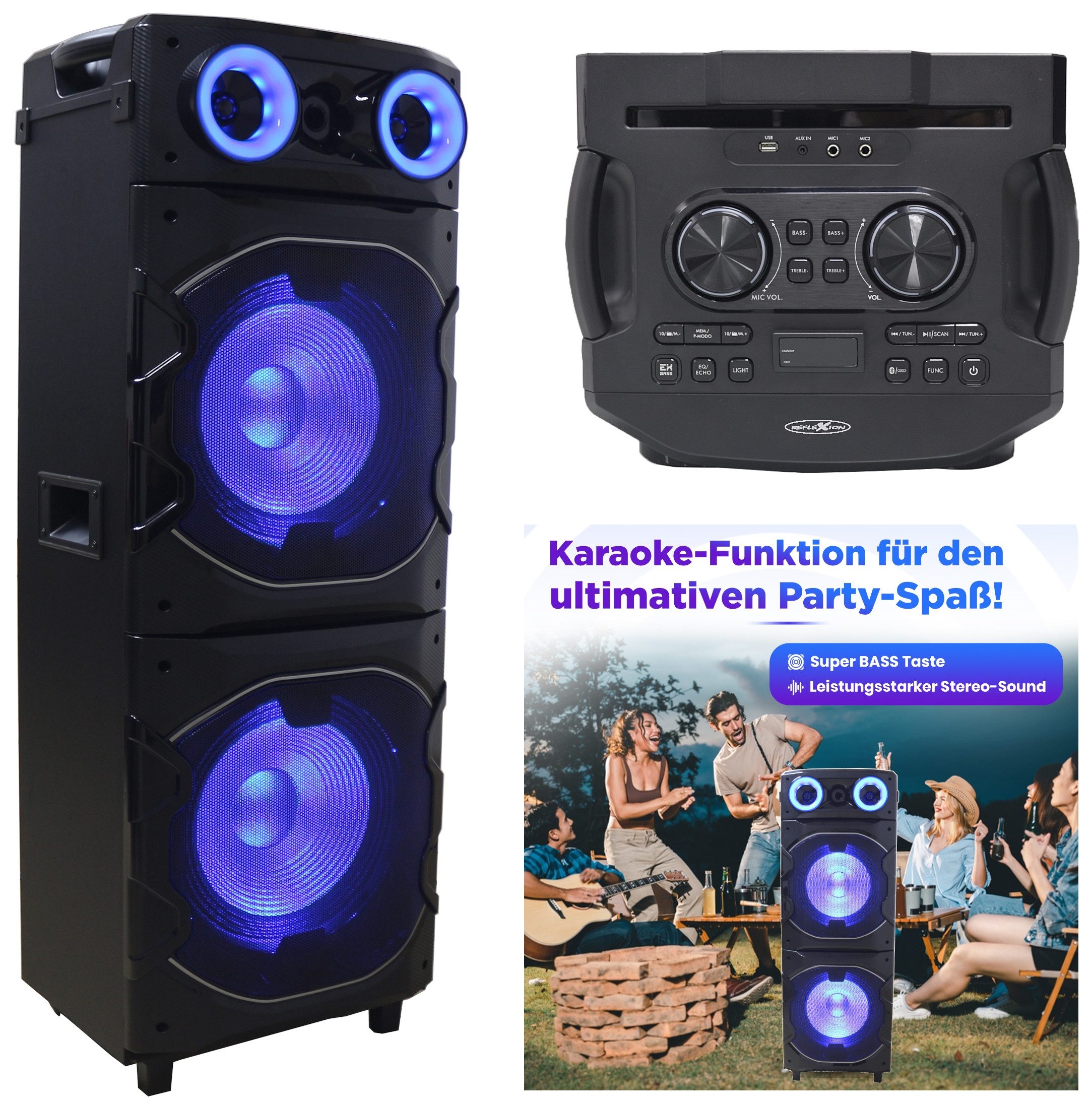 Reflexion PS25BT Jumbo DJ Karaoke PA-Anlage Party-Lautsprecher (Bluetooth, 1200 W, Bluetooth, Radio, Karaoke, Disco-Licht Effekte, Super BASS-Taste)