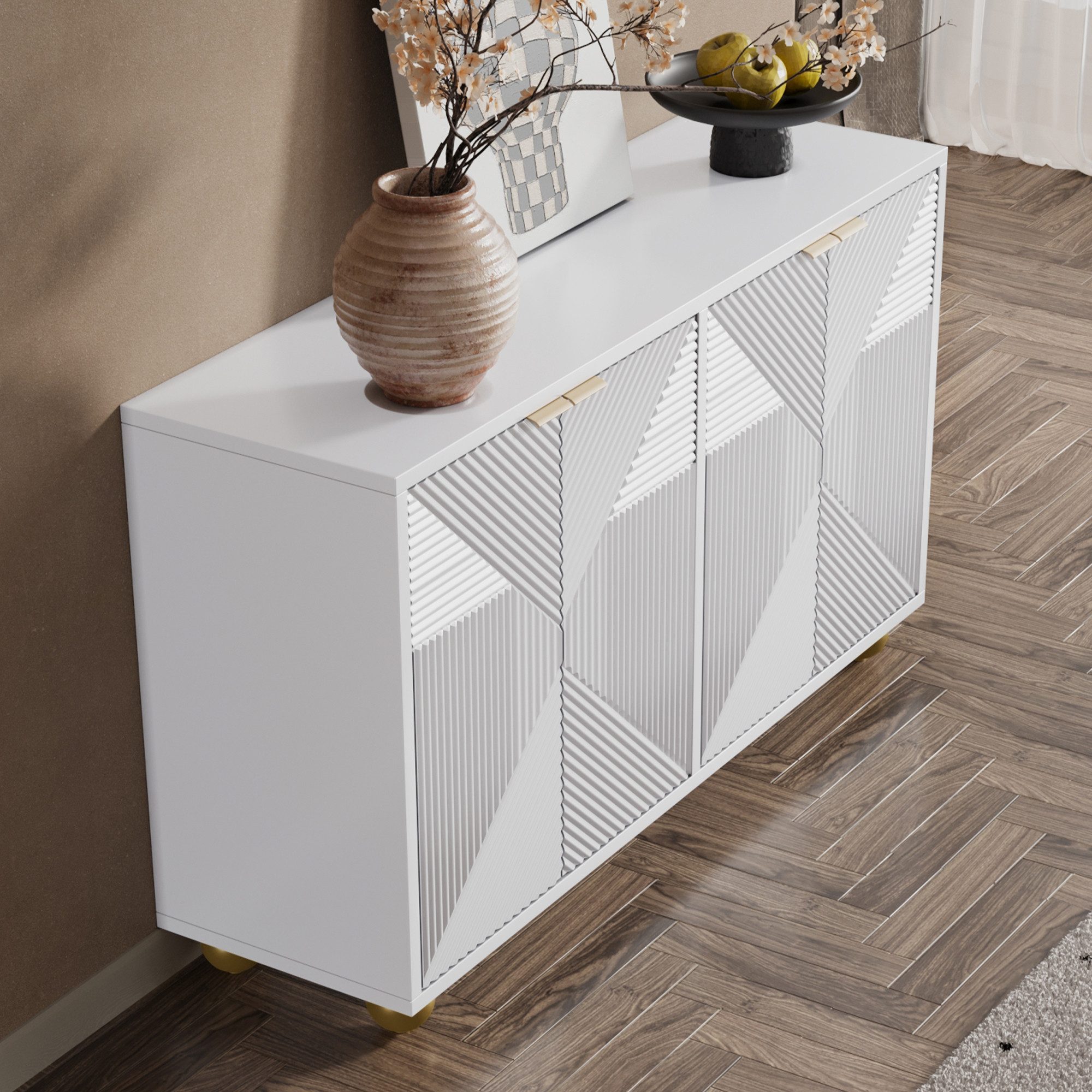 Merax Sideboard mit goldenen Metallgriffen & Kugelfüßen (120 x 35 x 71,5 cm, 1 St), Kommode mit 4 Türen,verstellbaren Einlegeböden, goldenen Metallgriffen – Bild 3 von 5