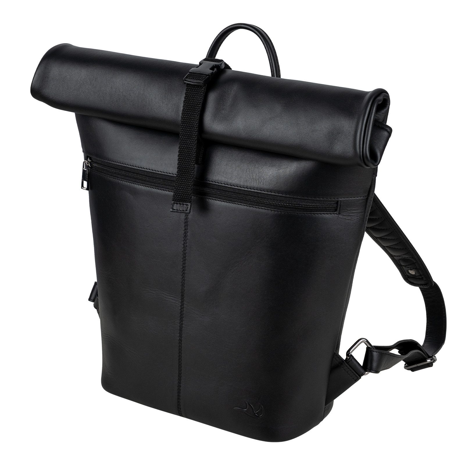 MANTA Laptoprucksack Echtleder Rolltop Backpack, Kurierrucksack, mit 16-Zoll Laptopfach, Echtes Leder